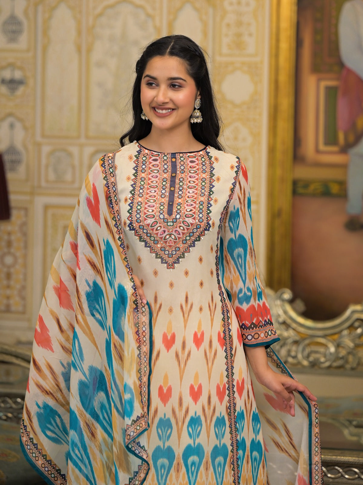 Beautiful Printed Georgette Kurta With Loose Bottom And Dupatta-09795