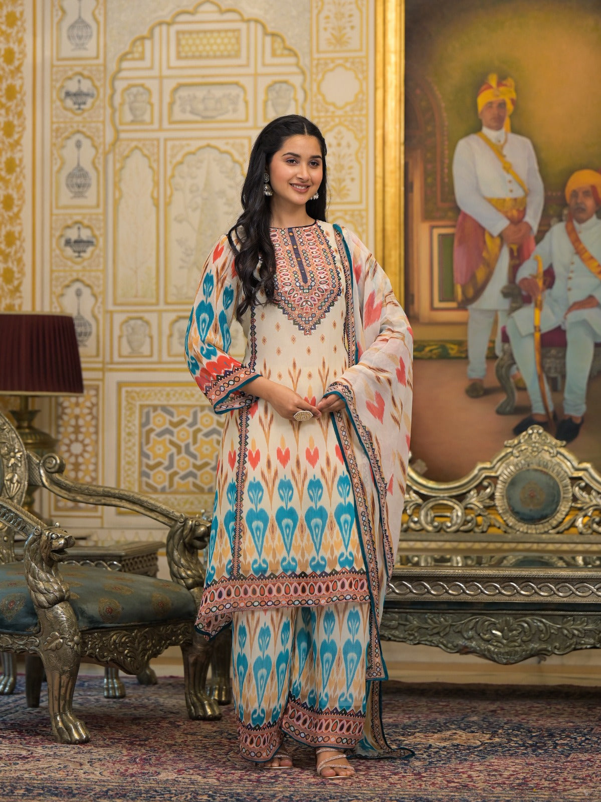 Beautiful Printed Georgette Kurta With Loose Bottom And Dupatta-09795