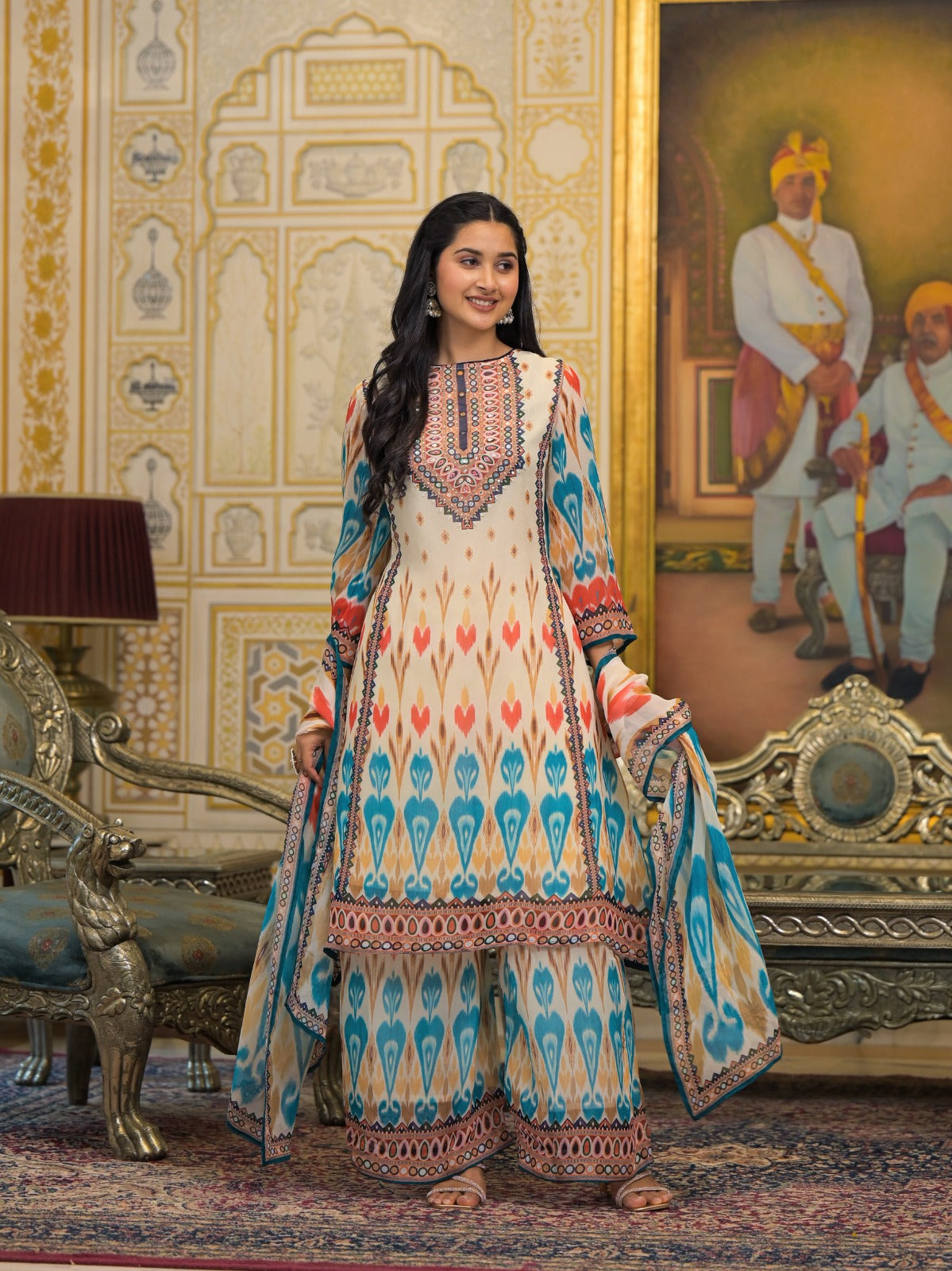 Beautiful Printed Georgette Kurta With Loose Bottom And Dupatta-09795