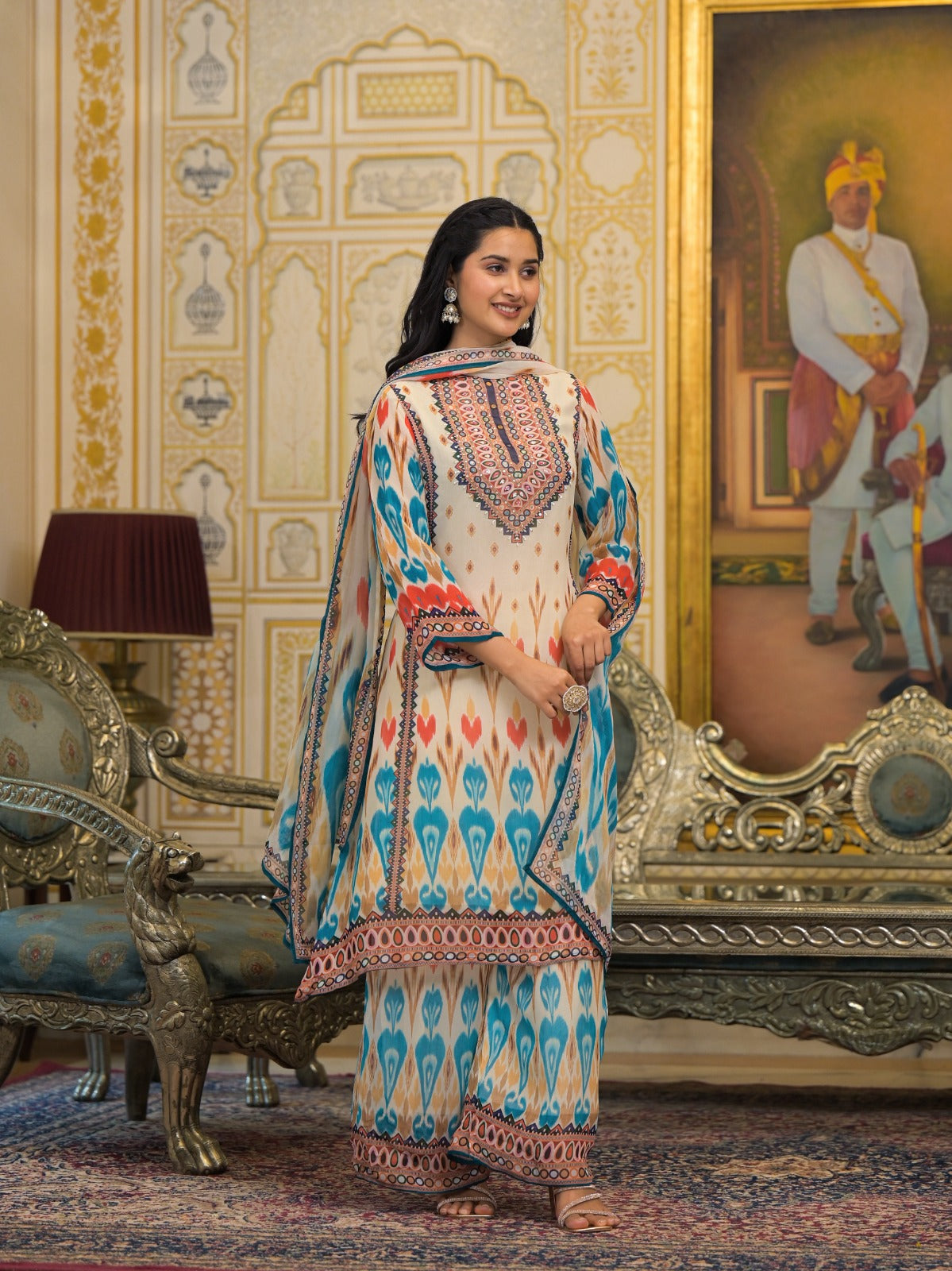 Beautiful Printed Georgette Kurta With Loose Bottom And Dupatta-09795