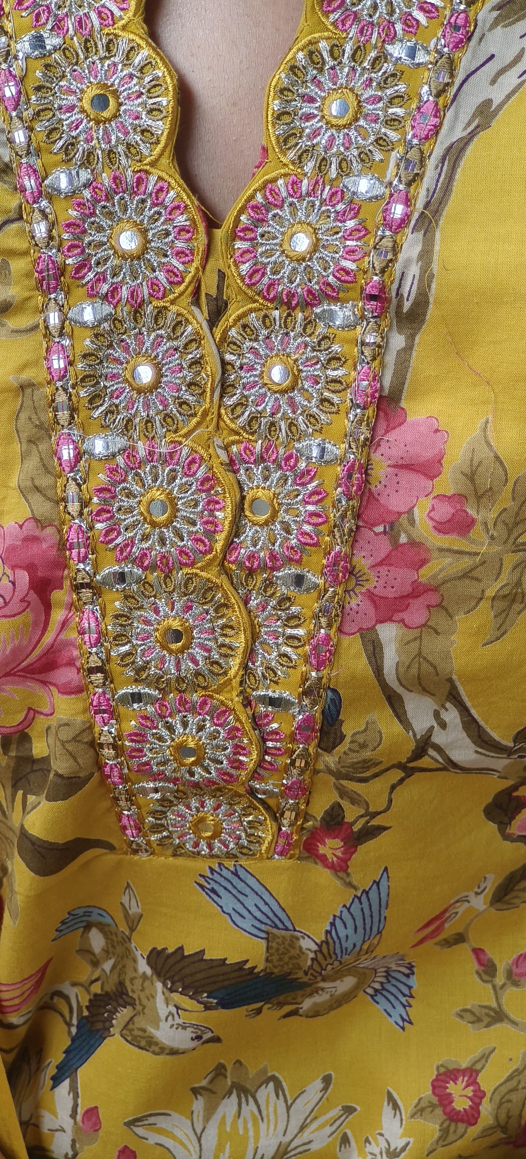 Floral Printed Panel Anarkali Full Suit Set In Cotton Fabric- 09724