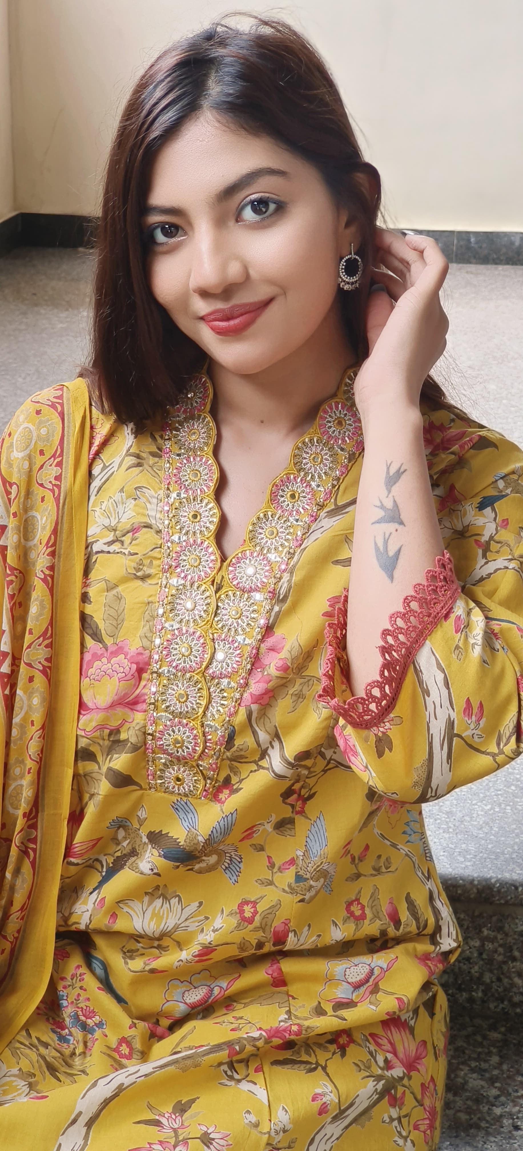 Floral Printed Panel Anarkali Full Suit Set In Cotton Fabric- 09724