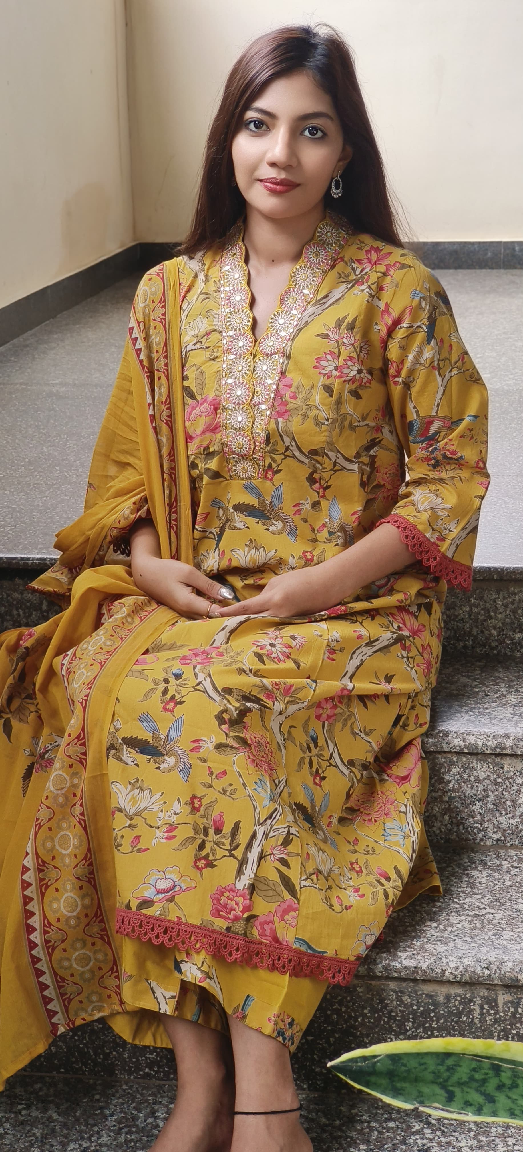 Floral Printed Panel Anarkali Full Suit Set In Cotton Fabric- 09724