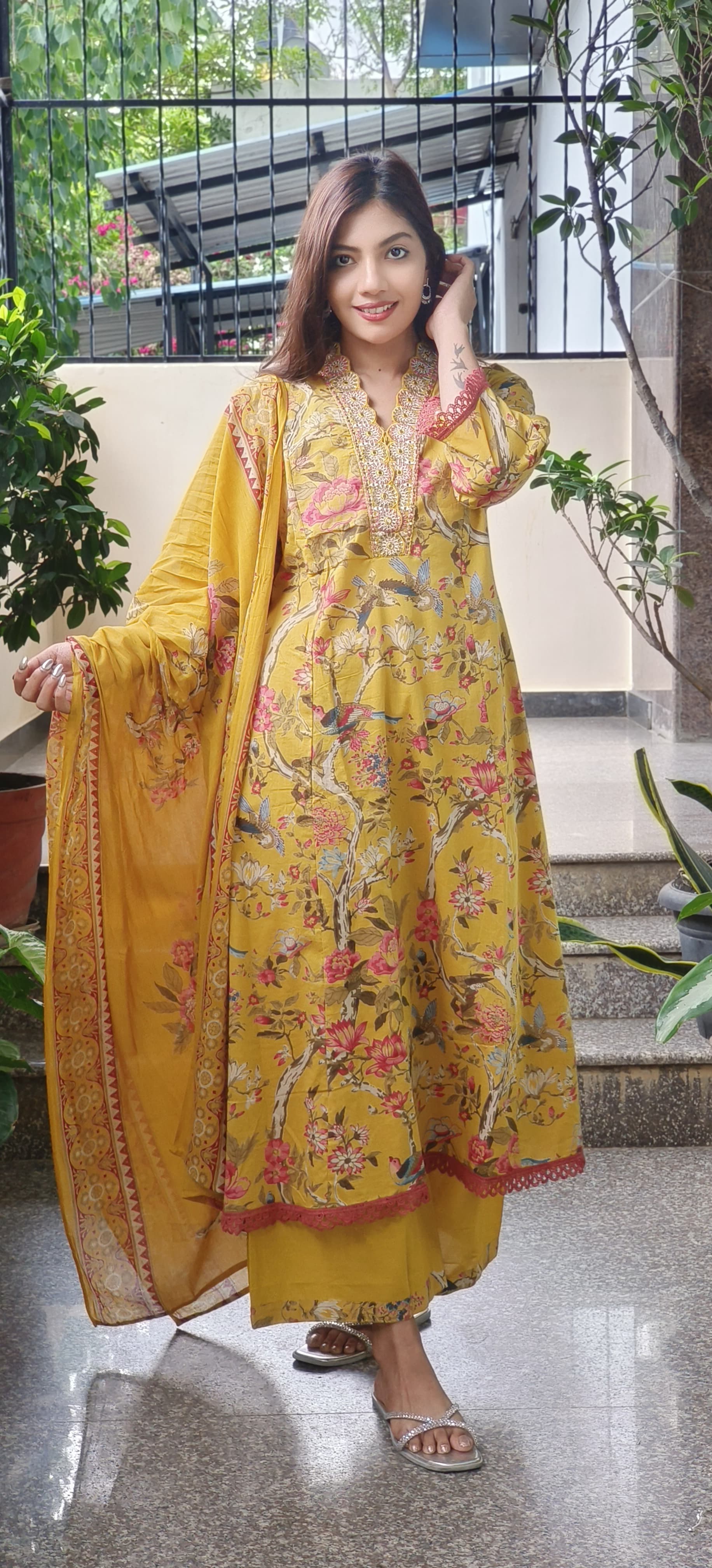Floral Printed Panel Anarkali Full Suit Set In Cotton Fabric- 09724
