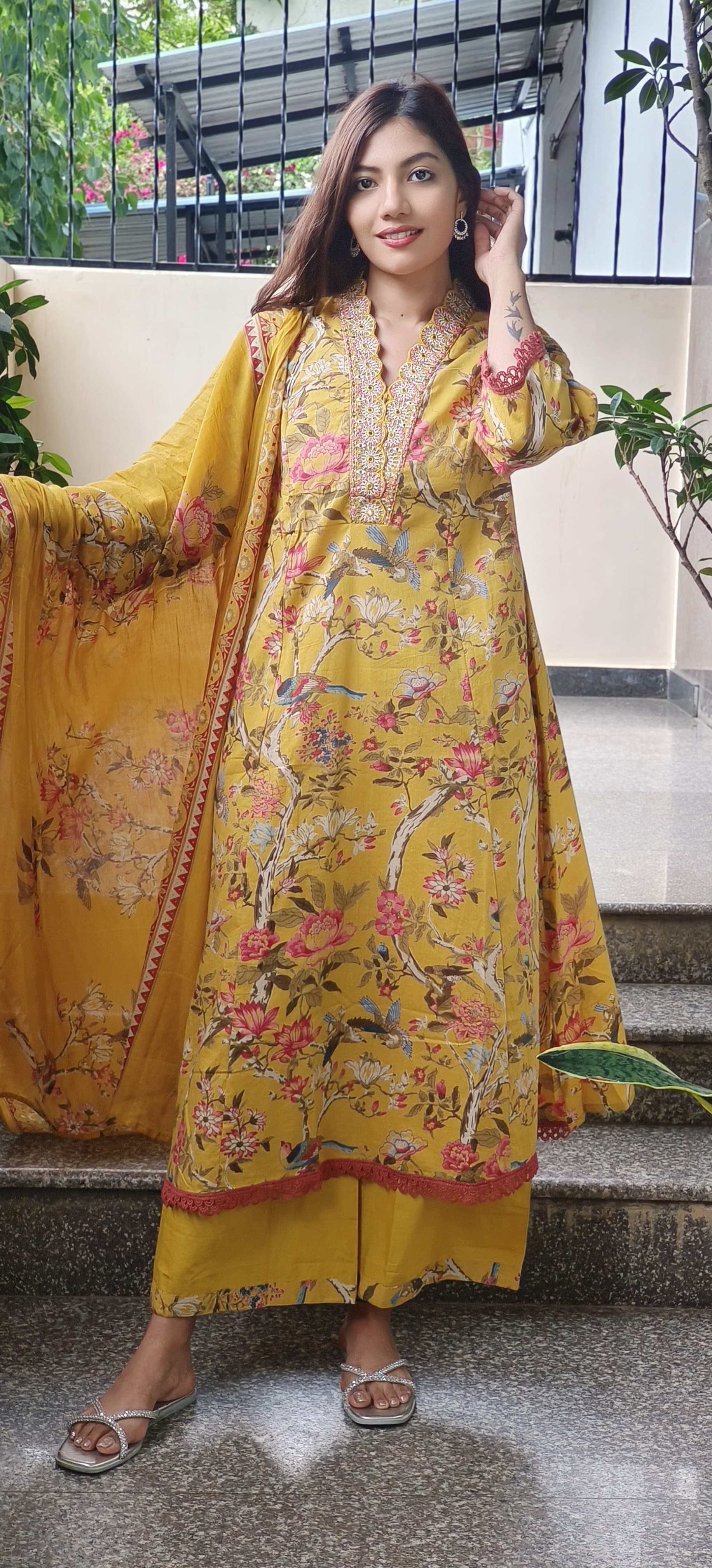 Floral Printed Panel Anarkali Full Suit Set In Cotton Fabric- 09724