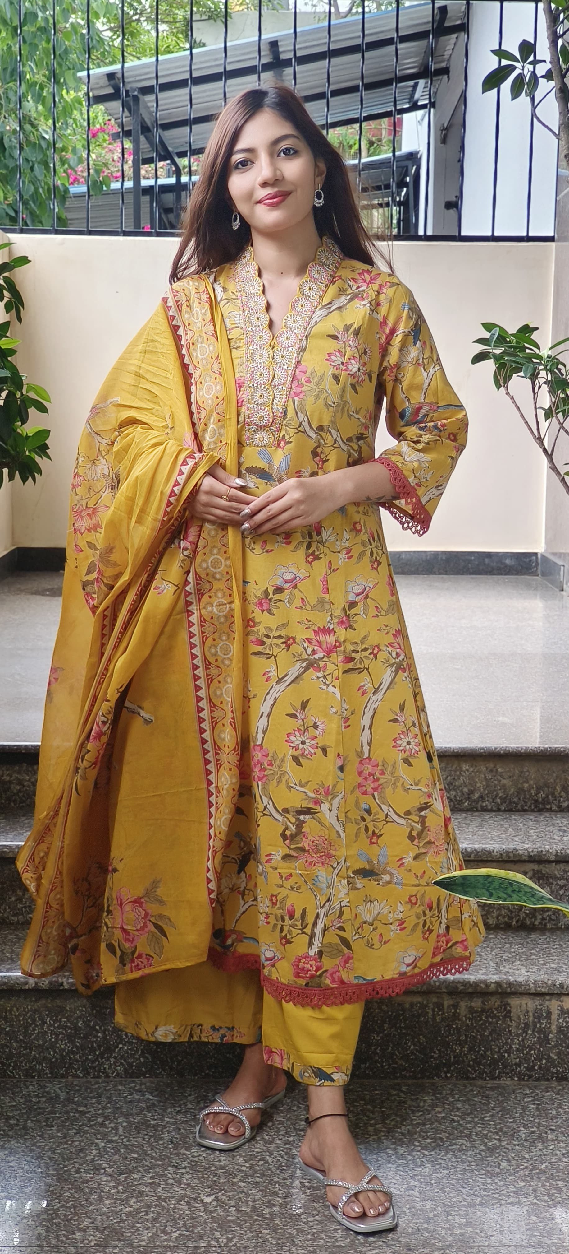 Floral Printed Panel Anarkali Full Suit Set In Cotton Fabric- 09724