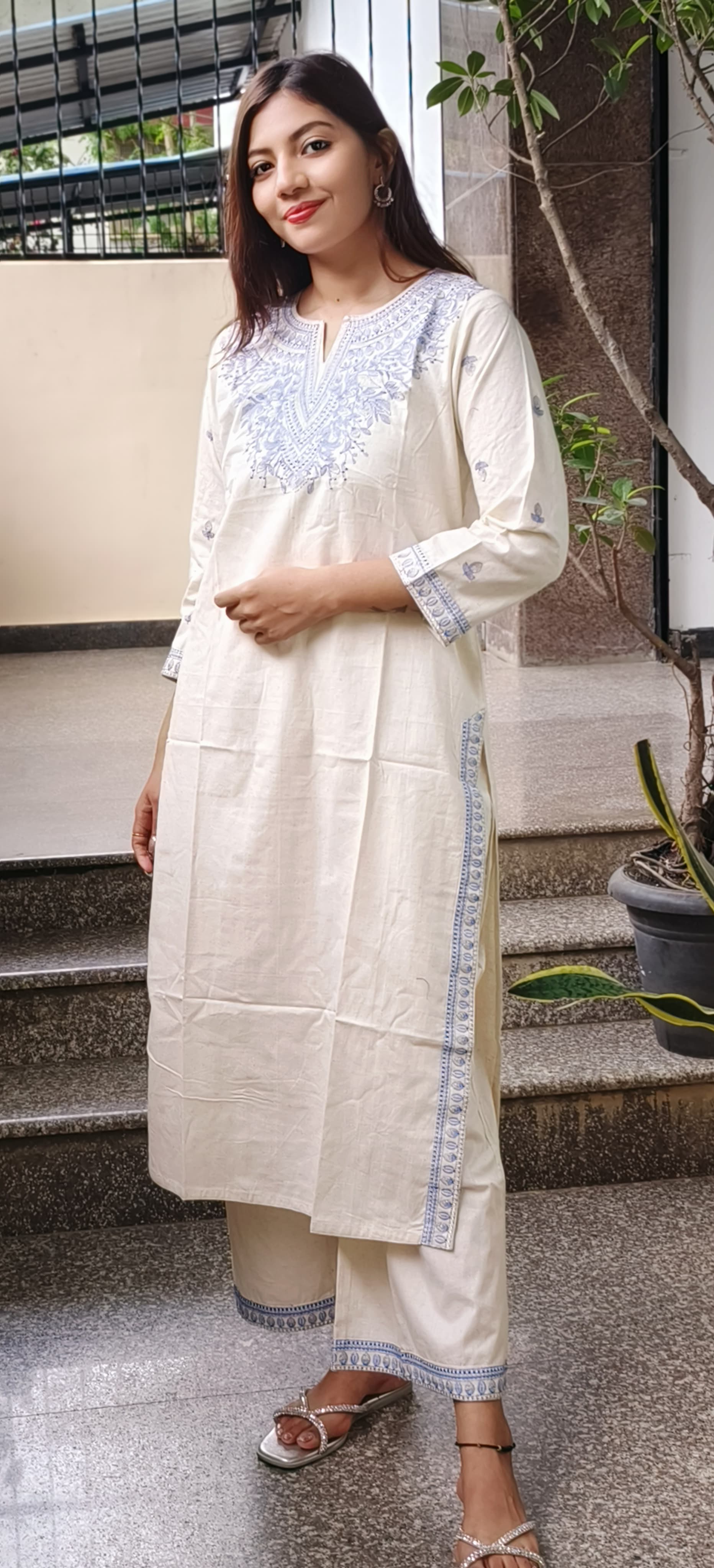 Embroidered Cotton Kurta Pant Set- 09746