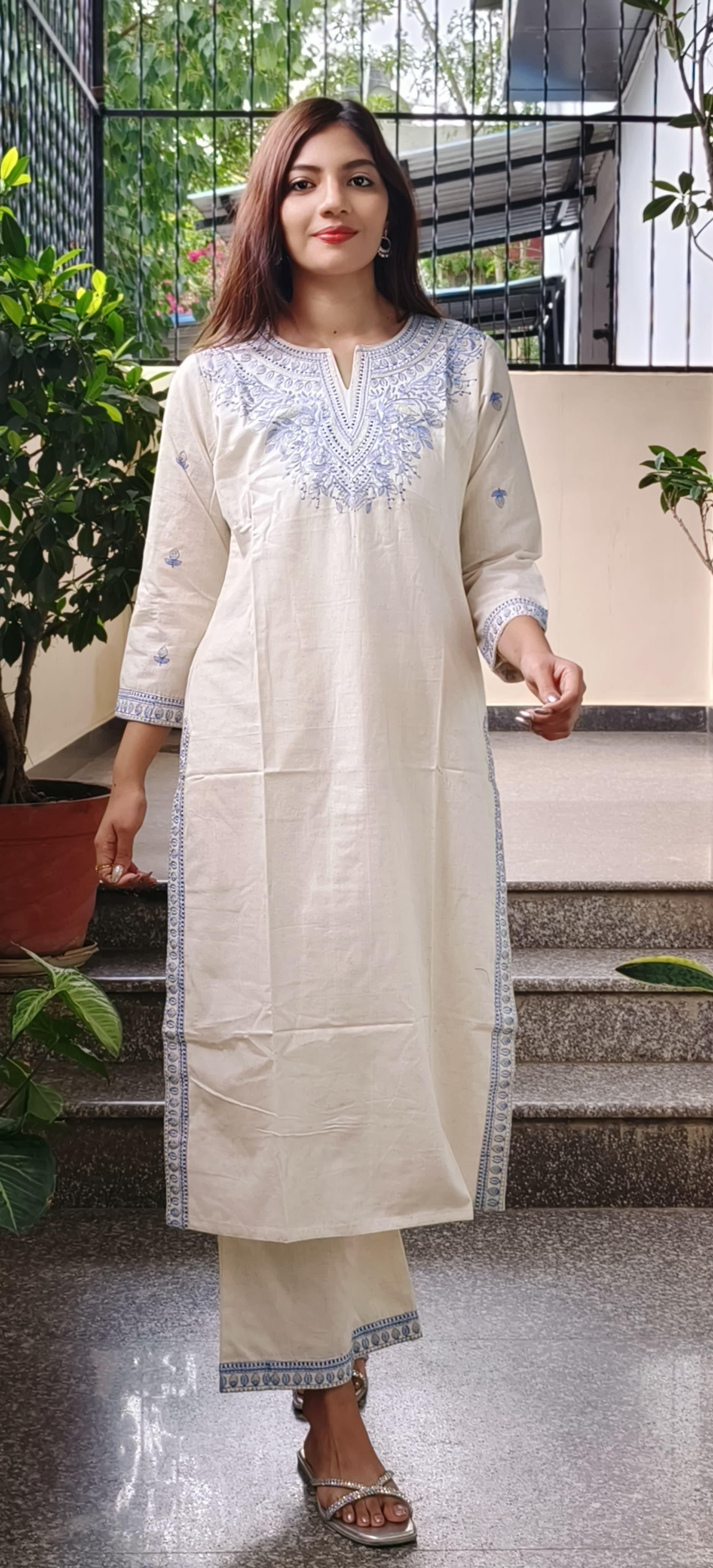 Embroidered Cotton Kurta Pant Set- 09746