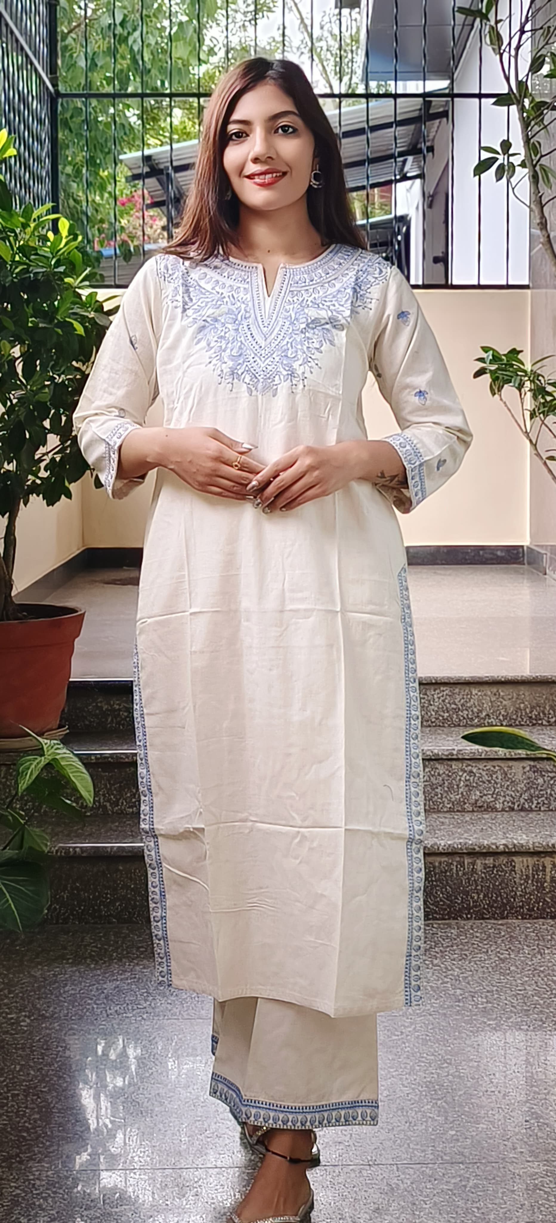 Embroidered Cotton Kurta Pant Set- 09746