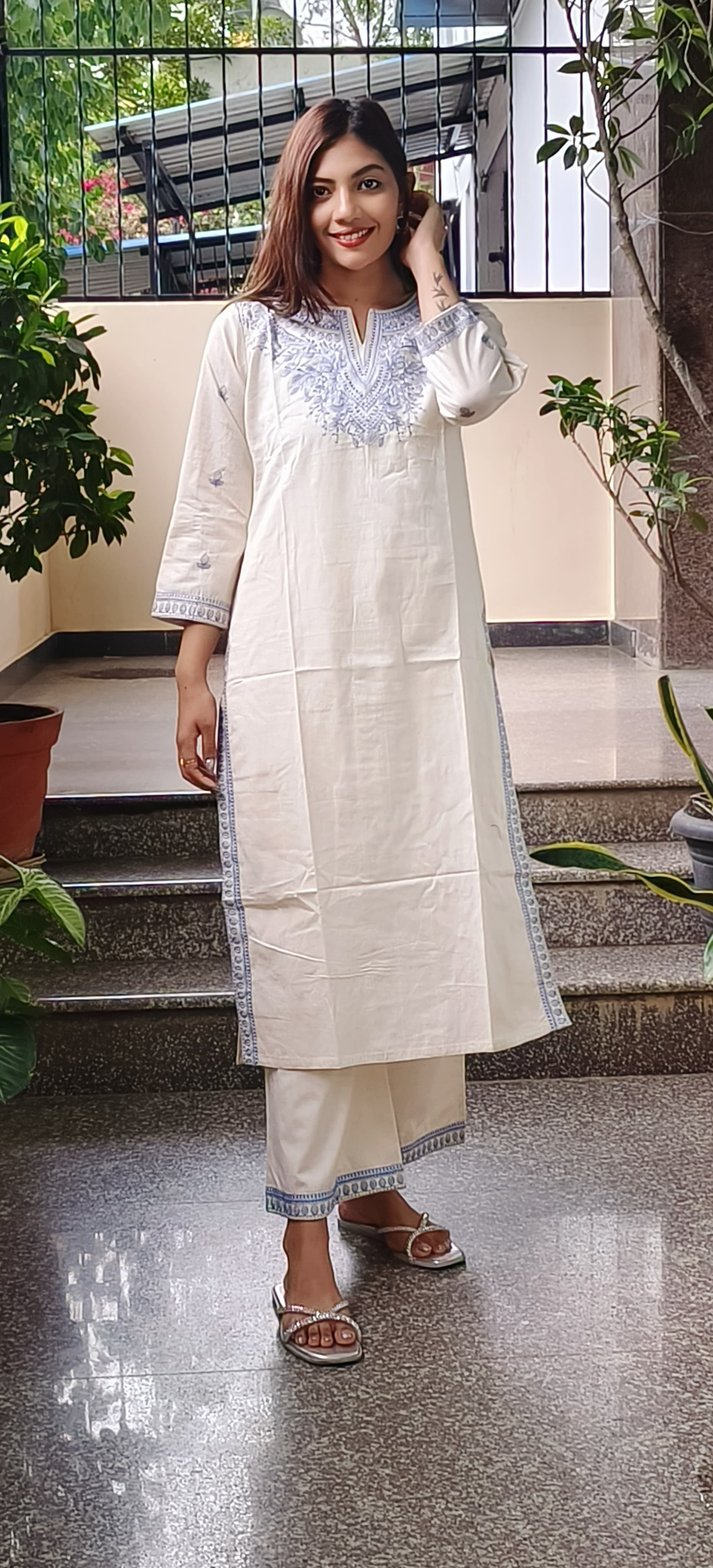 Embroidered Cotton Kurta Pant Set- 09746
