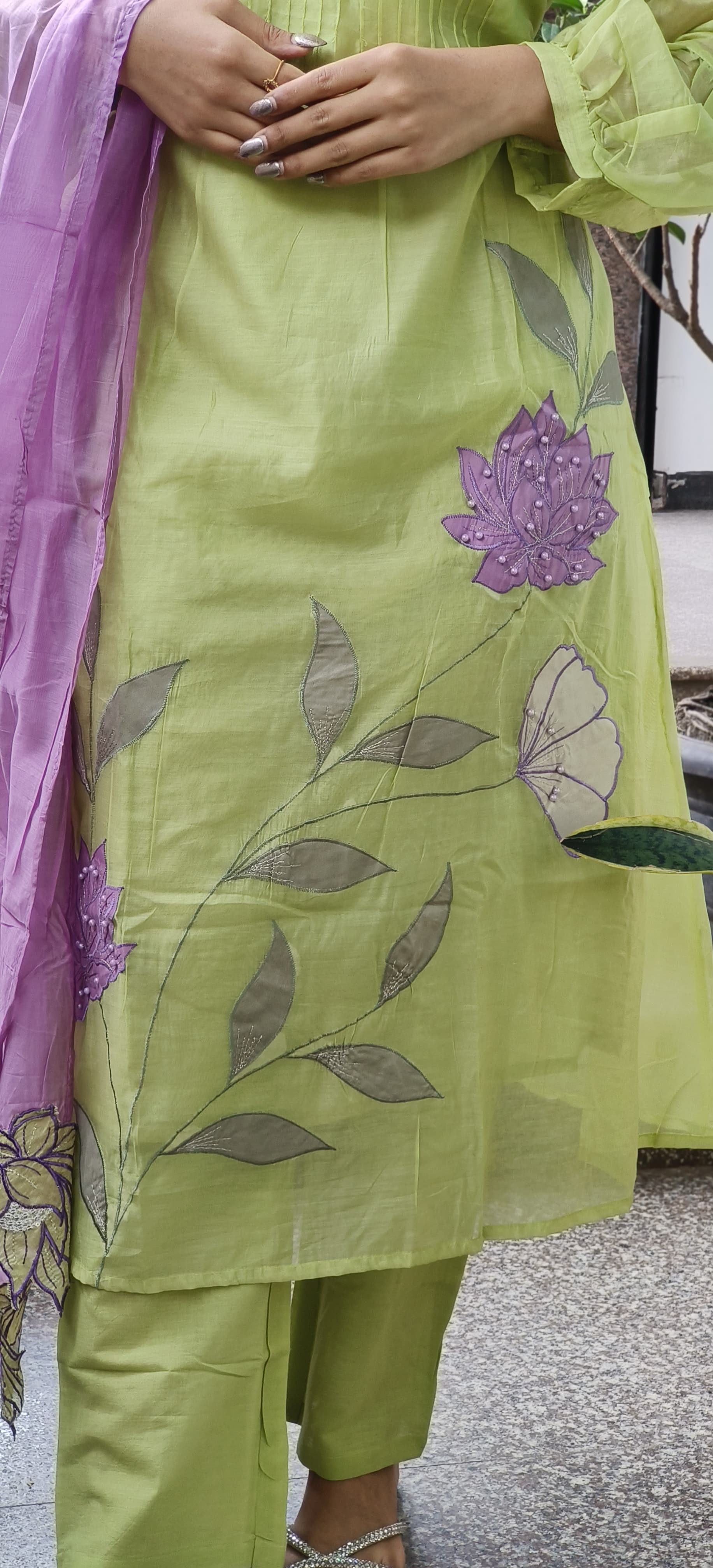 Mul Chanderi Floral A- Line Kurta With Pant And Dupatta Full Set- 09742