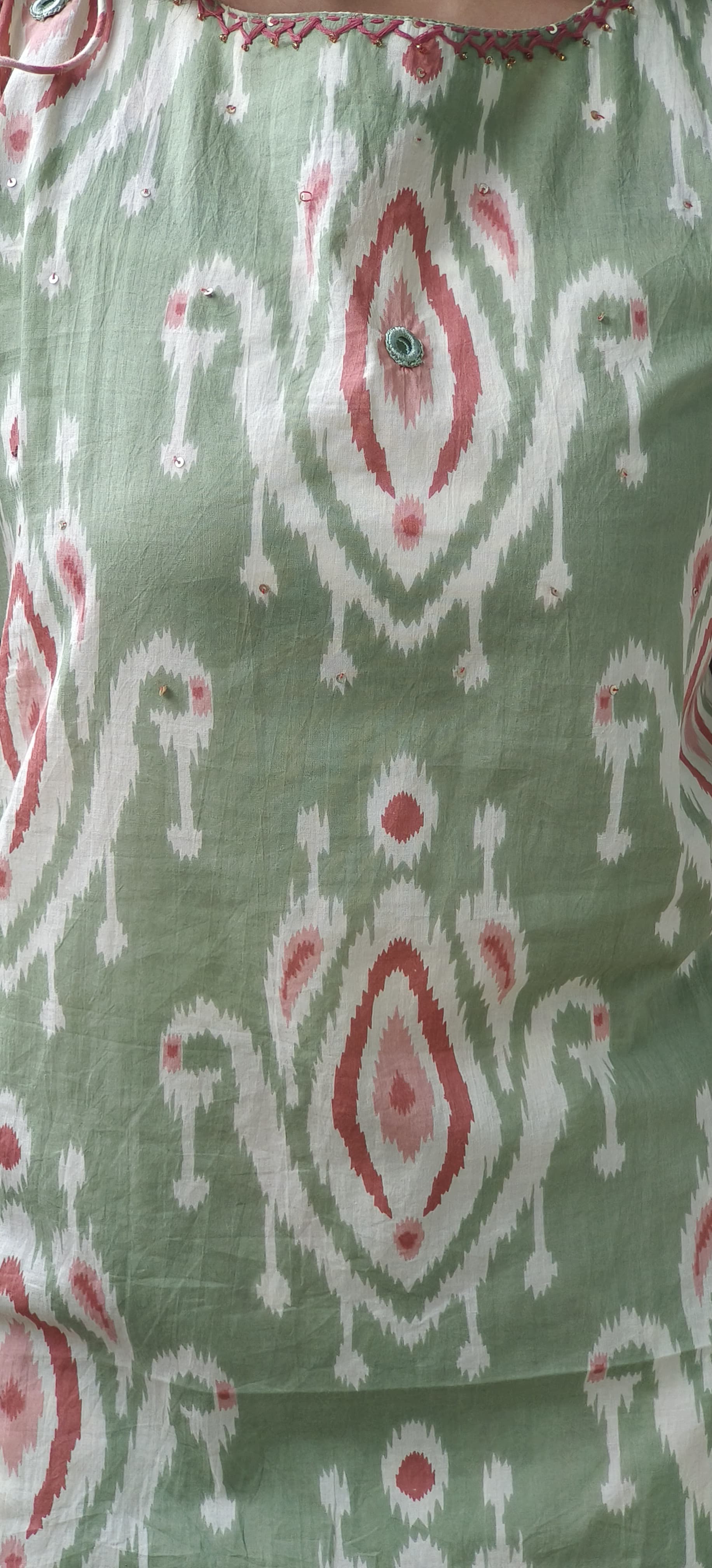 Ikkat Print Sleeveless Cotton Casual Wear Kurta Pant Set-09683 (Attached Sleeves Inside