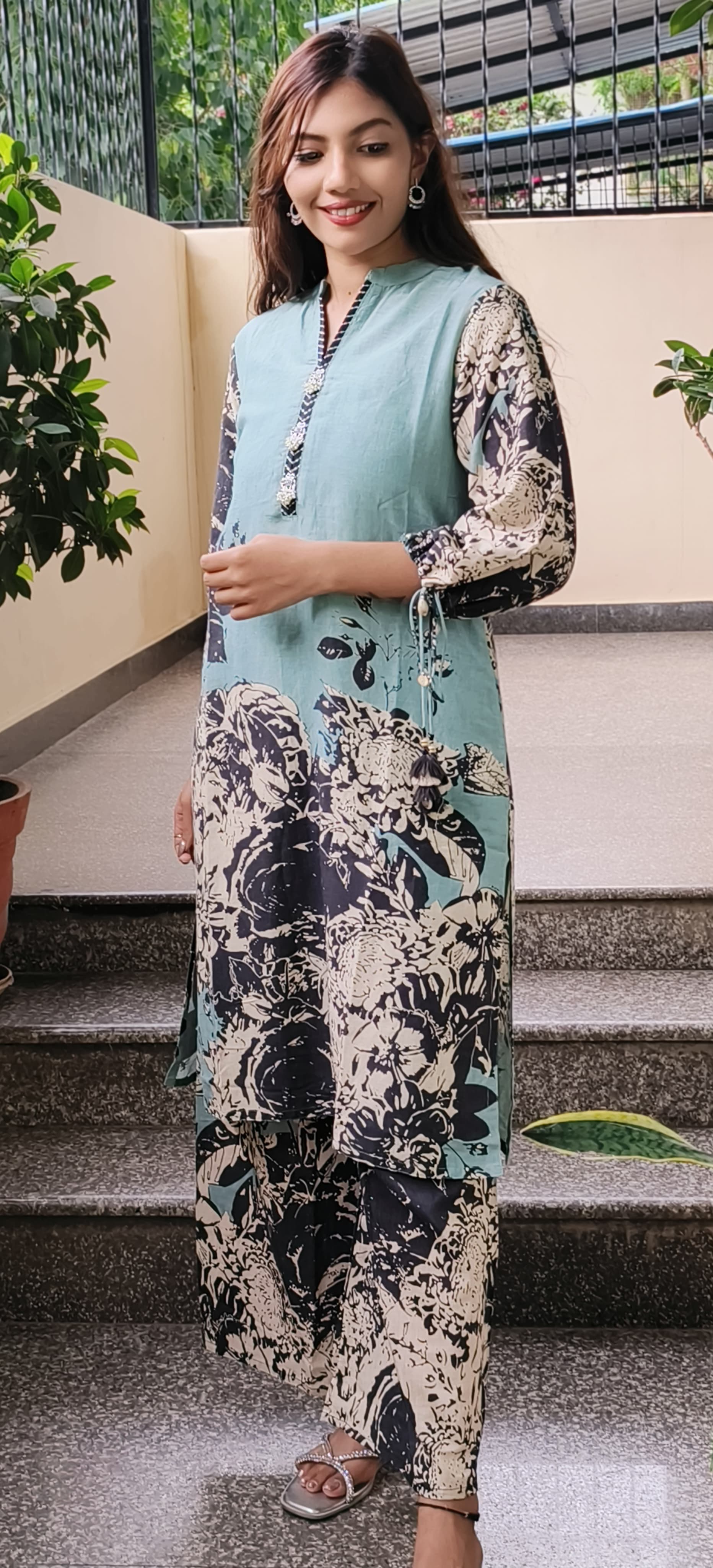 Linen Floral Printed Kurta Pant Set In Linen Cotton Fabric- 09722, 09723
