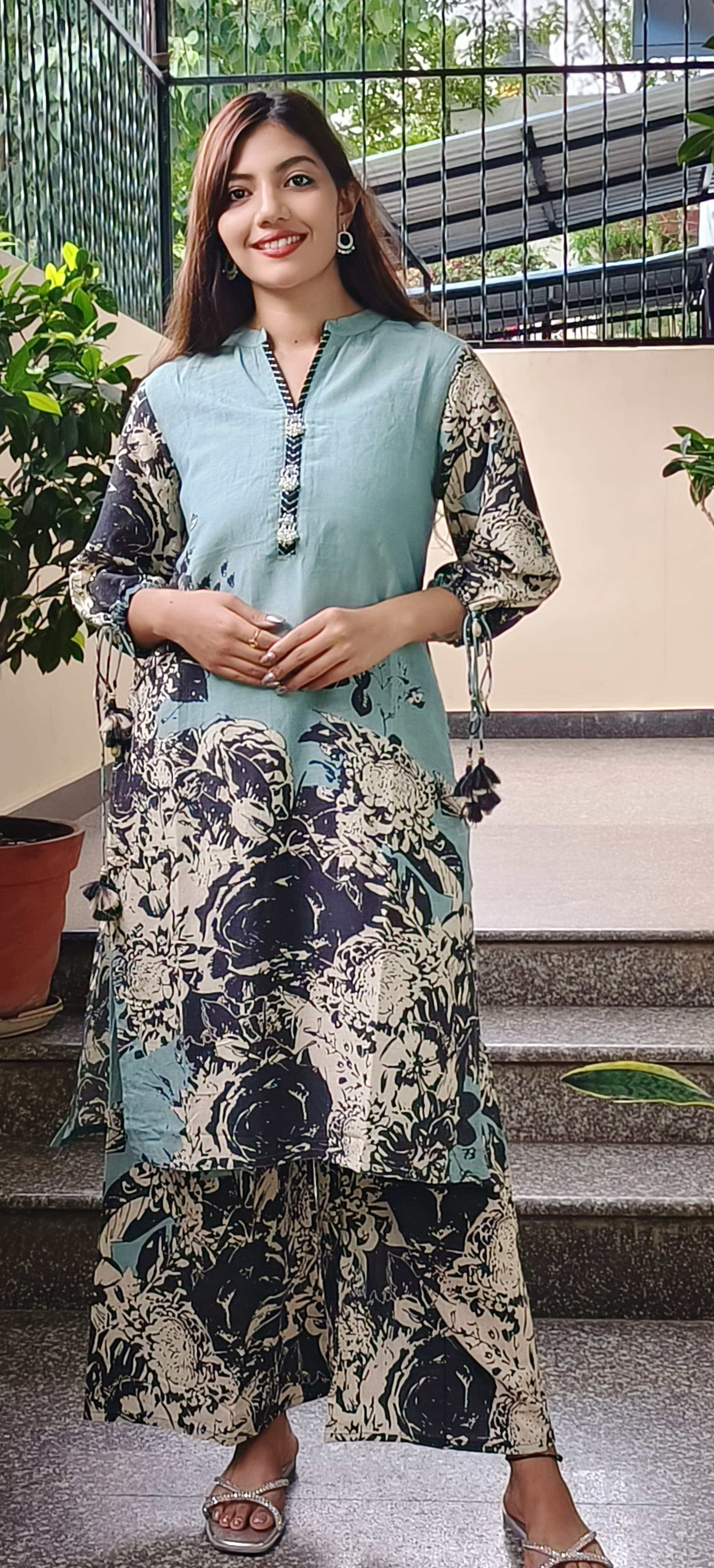 Linen Floral Printed Kurta Pant Set In Linen Cotton Fabric- 09722, 09723