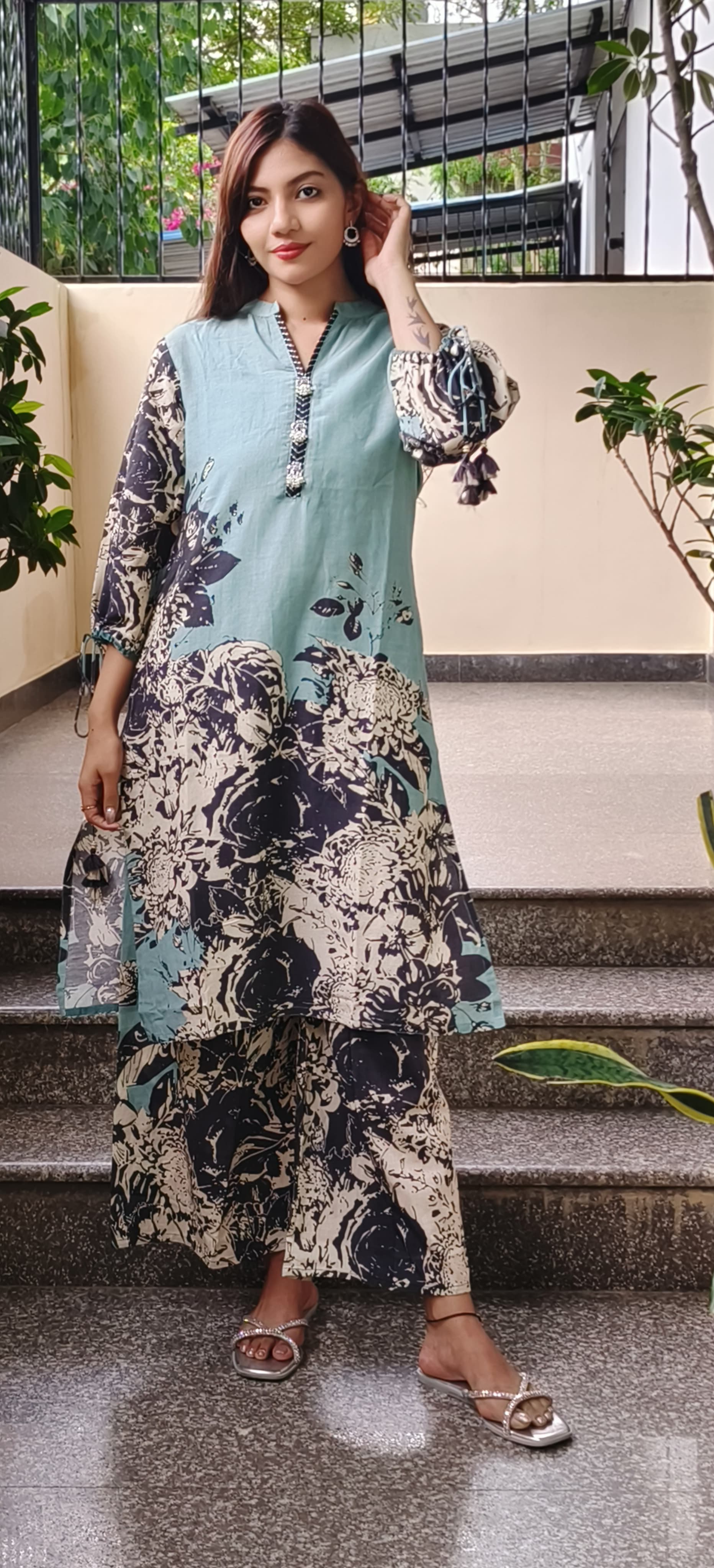 Linen Floral Printed Kurta Pant Set In Linen Cotton Fabric- 09722, 09723