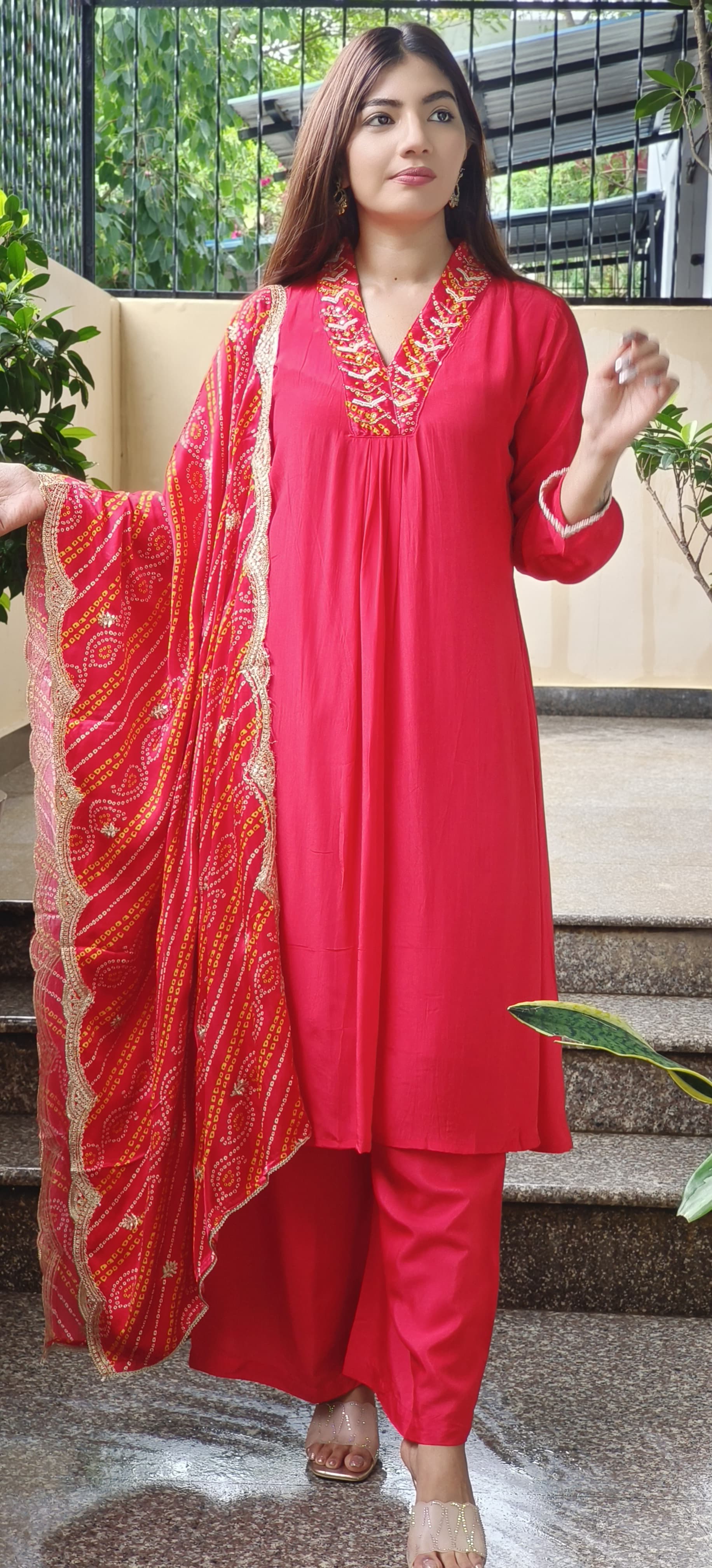 Zari Neck Work Crepe Kurta With Palazzo Bottom And Beautiful Gajji Silk Bandhani Print Dupatta Set- 09677