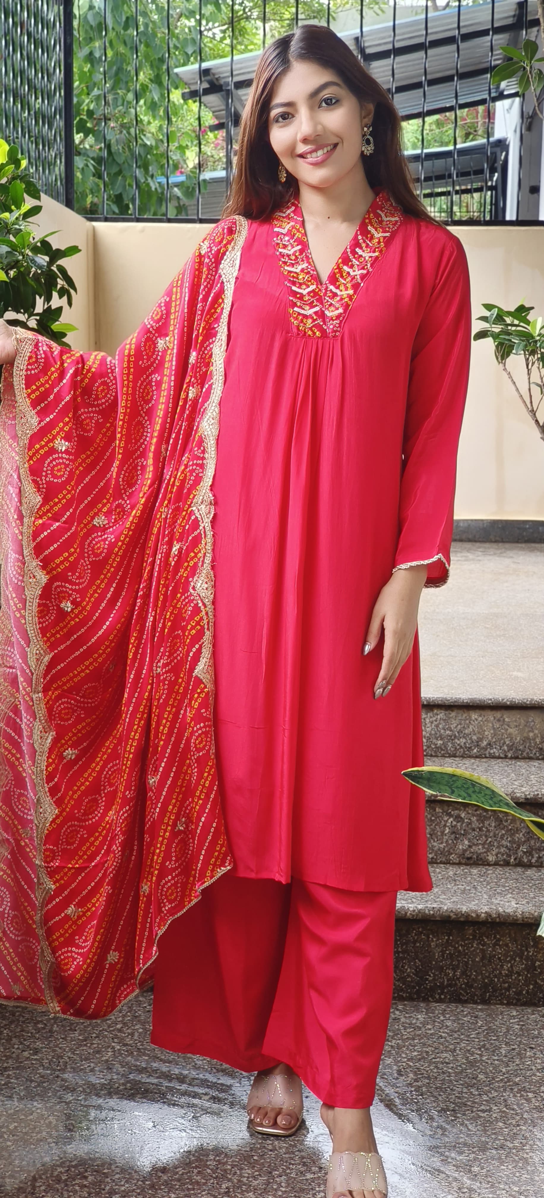 Zari Neck Work Crepe Kurta With Palazzo Bottom And Beautiful Gajji Silk Bandhani Print Dupatta Set- 09677