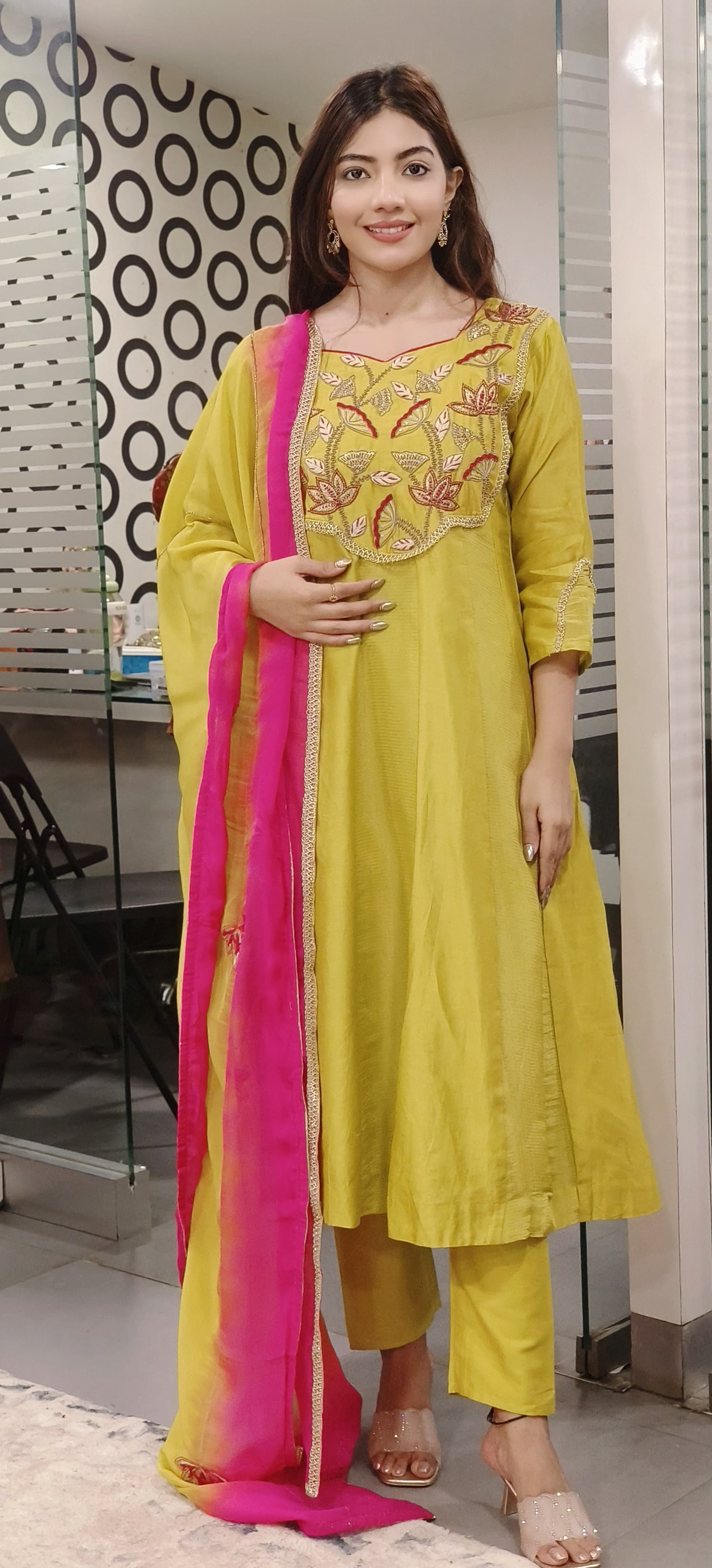 Pure Chanderi Zari Zardozi & Thread Embroidered Work Party Wear Aline Kurta with Pant and Organza Dupatta- 09636