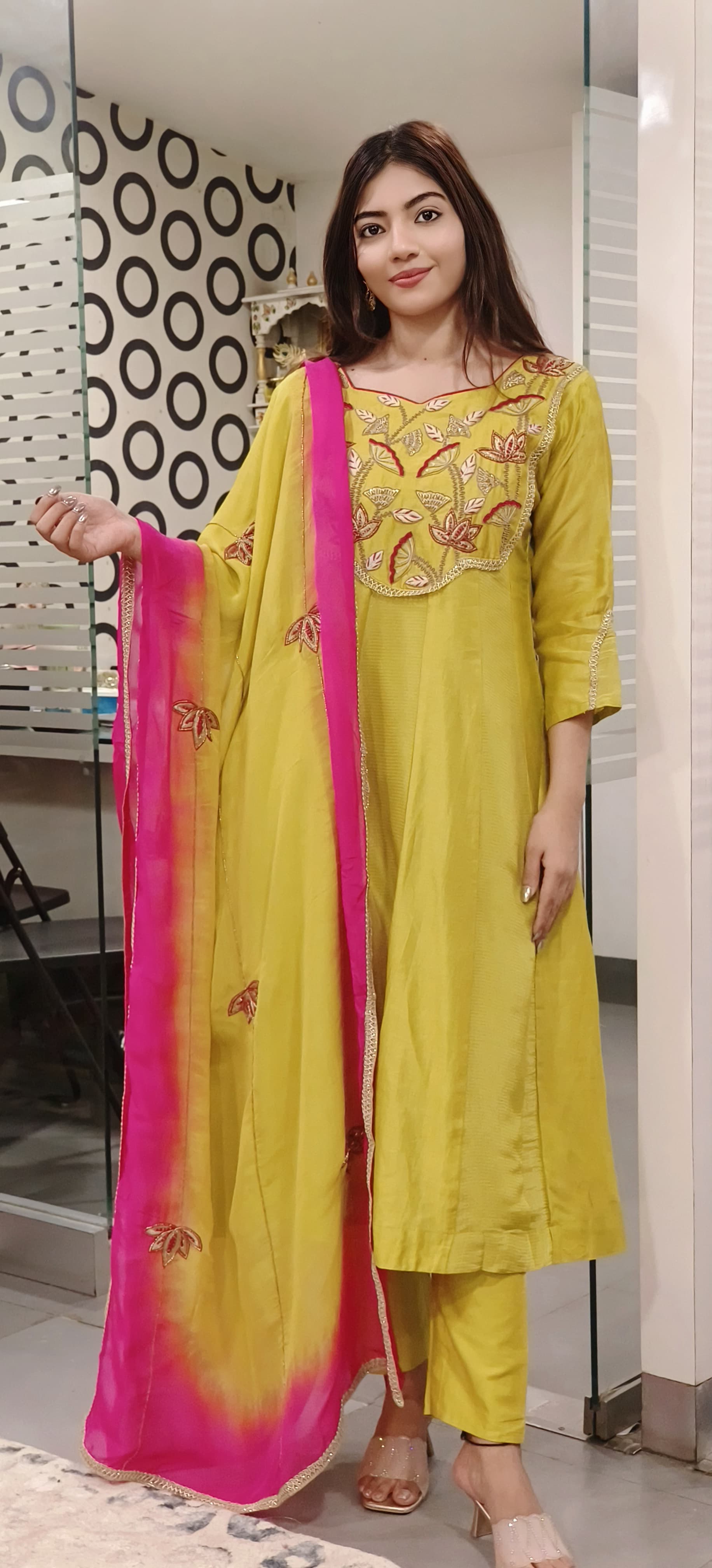Pure Chanderi Zari Zardozi & Thread Embroidered Work Party Wear Aline Kurta with Pant and Organza Dupatta- 09636
