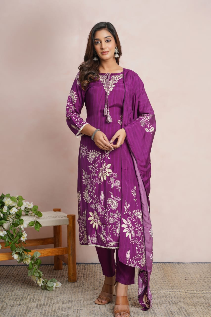 Floral Printed And Tiny Beads Work Kurta Pant Full Set With Dupatta-