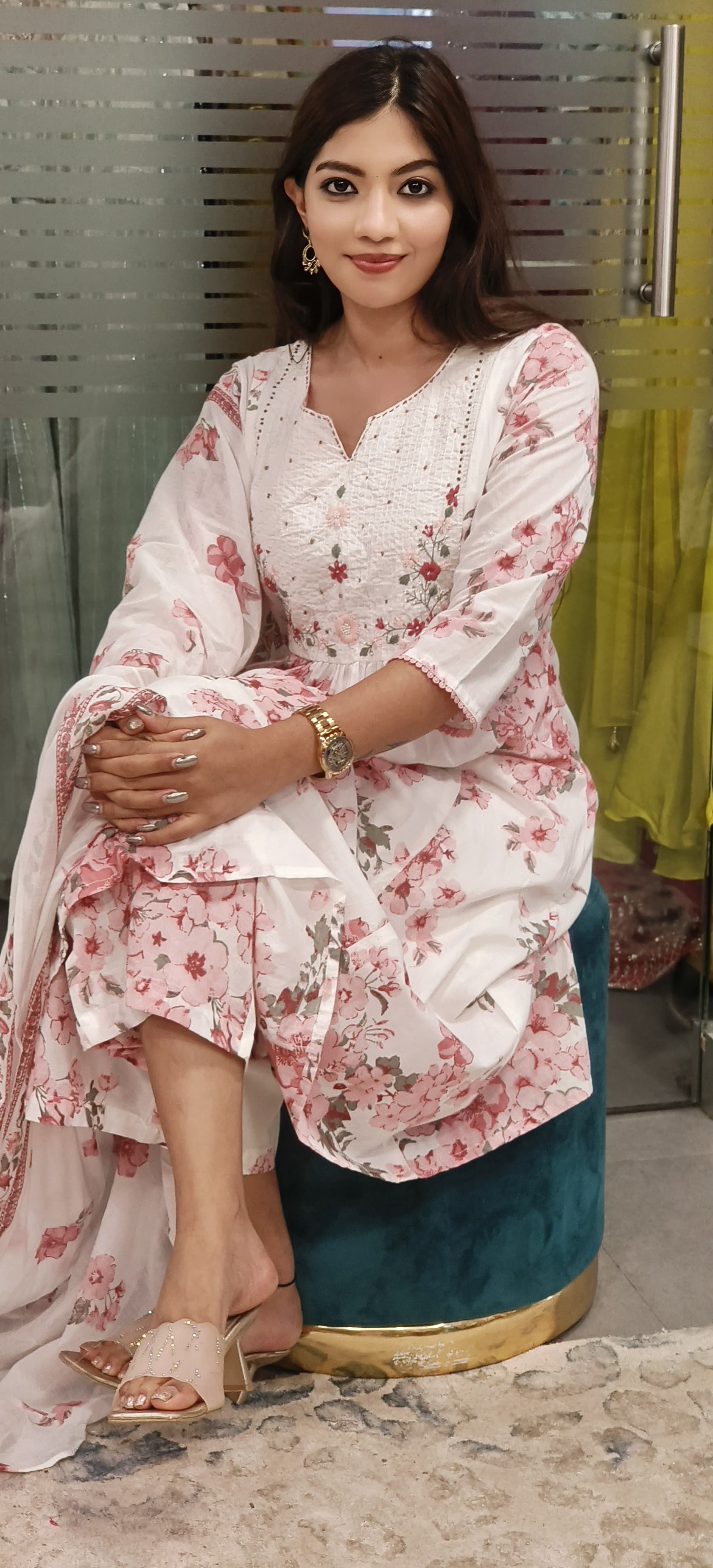 Floral Print Aline Embroidered Full Suit Set With Dupatta In Cotton Fabric- 09841
