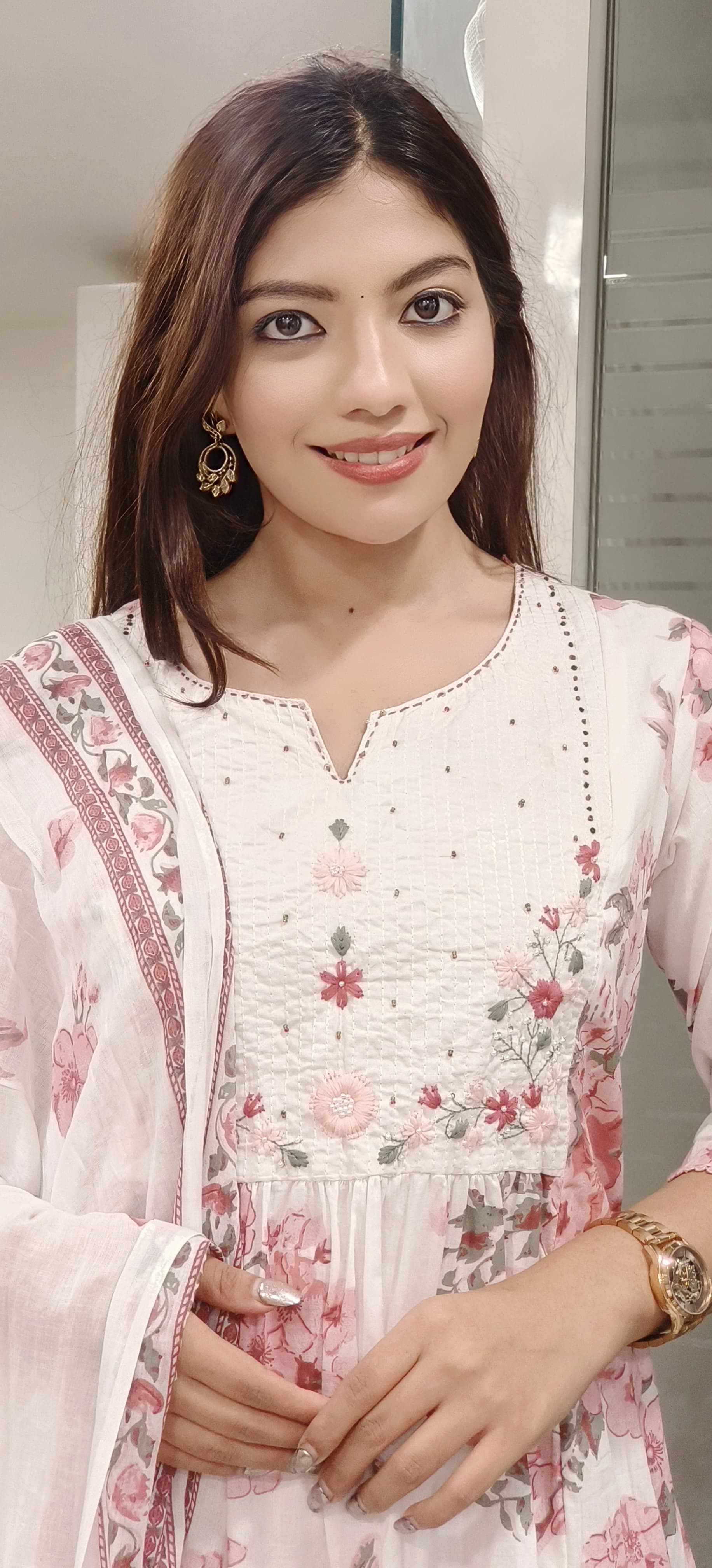 Floral Print Aline Embroidered Full Suit Set With Dupatta In Cotton Fabric- 09841