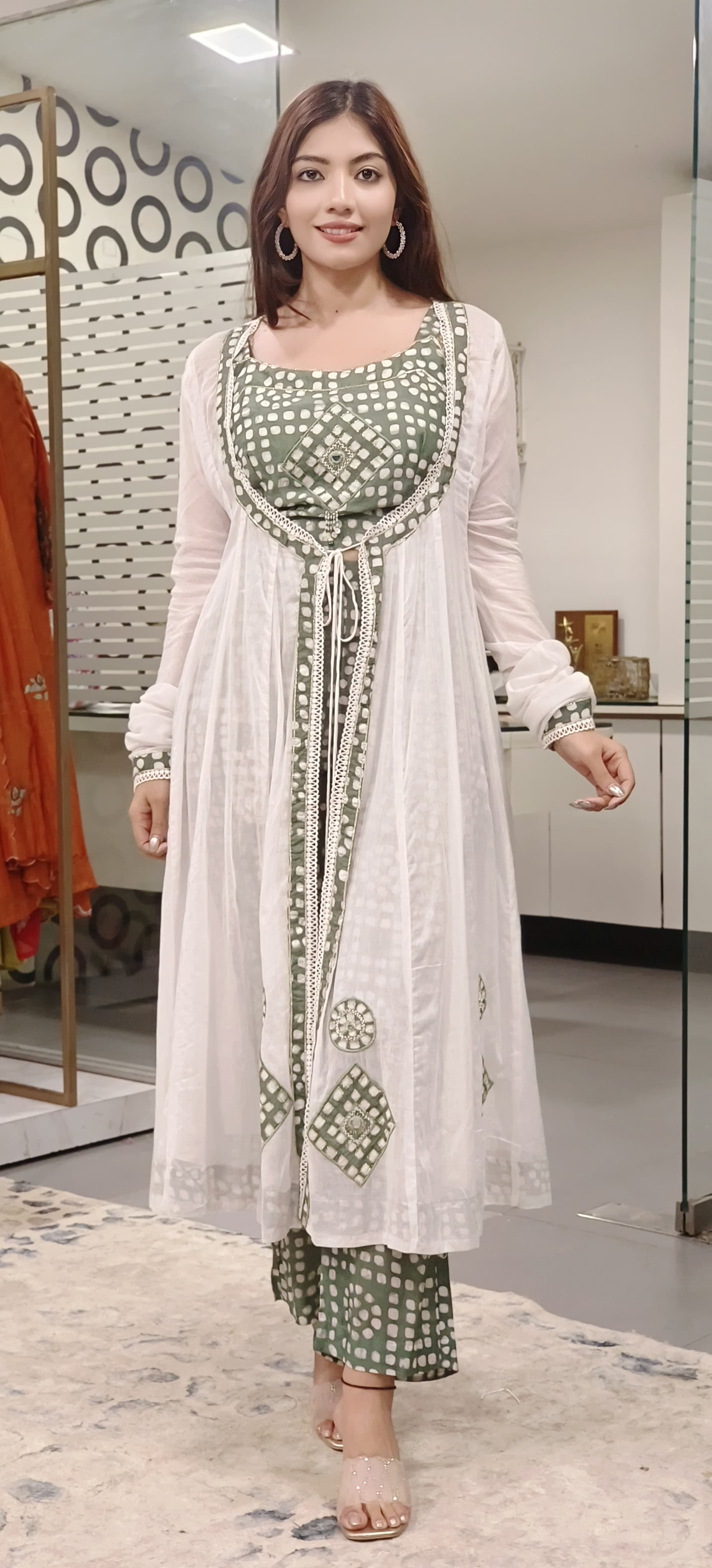 Chanderi Crop Top With Pant & Beautiful A-Line Mul Cotton Knot Outer In Churi Sleeves- 09767