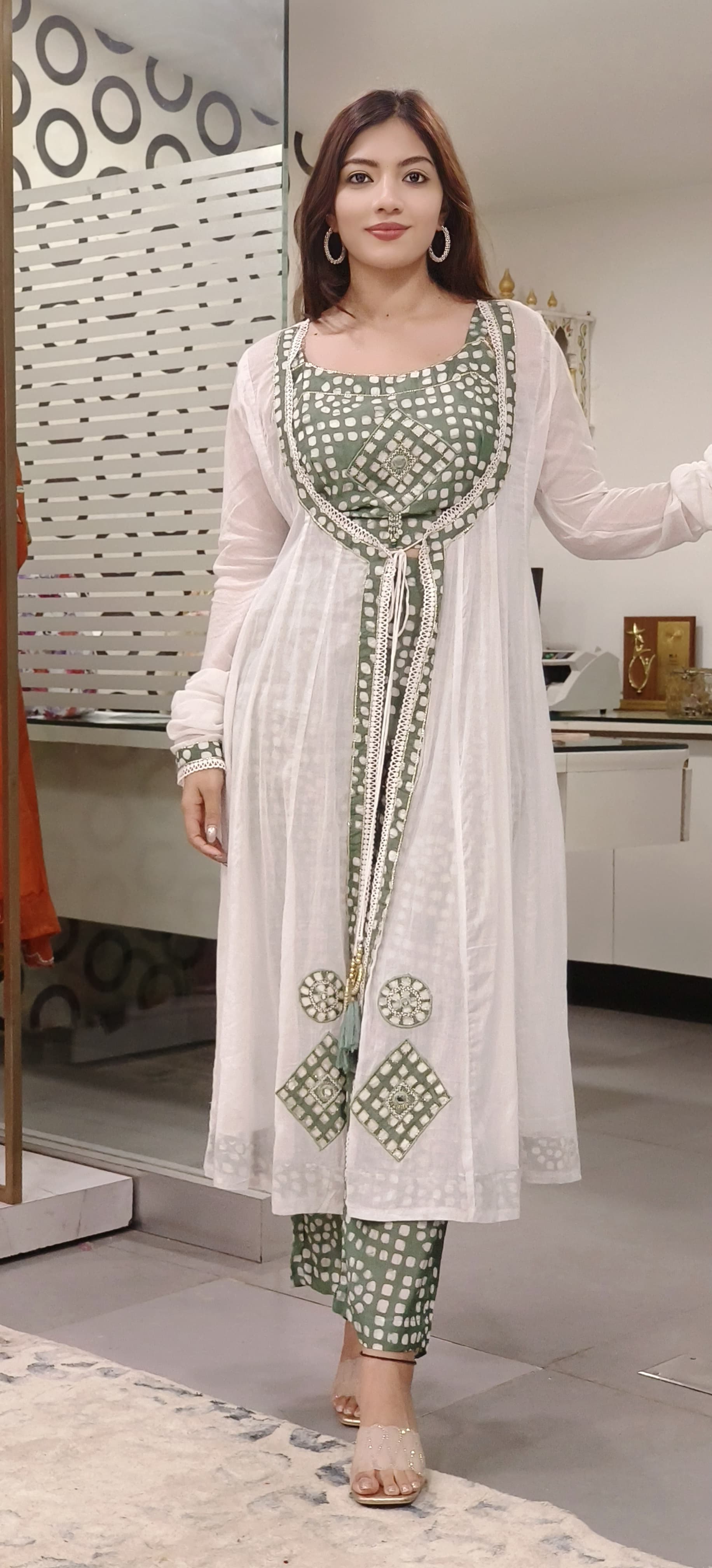 Chanderi Crop Top With Pant & Beautiful A-Line Mul Cotton Knot Outer In Churi Sleeves- 09767