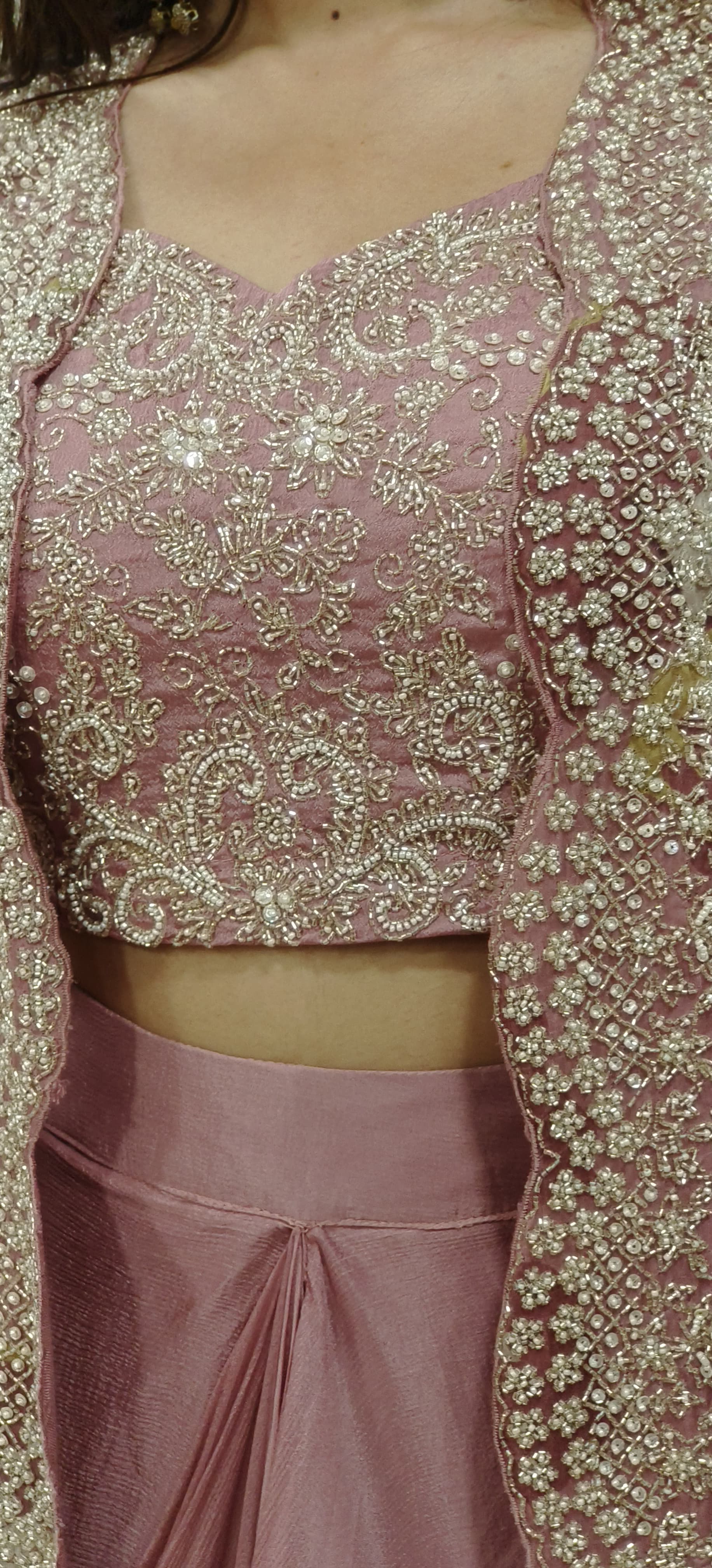Elegant Pastel Handwork Ensemble Crop Top,Chinon Skirt & Floral Organza Shrug- 09853