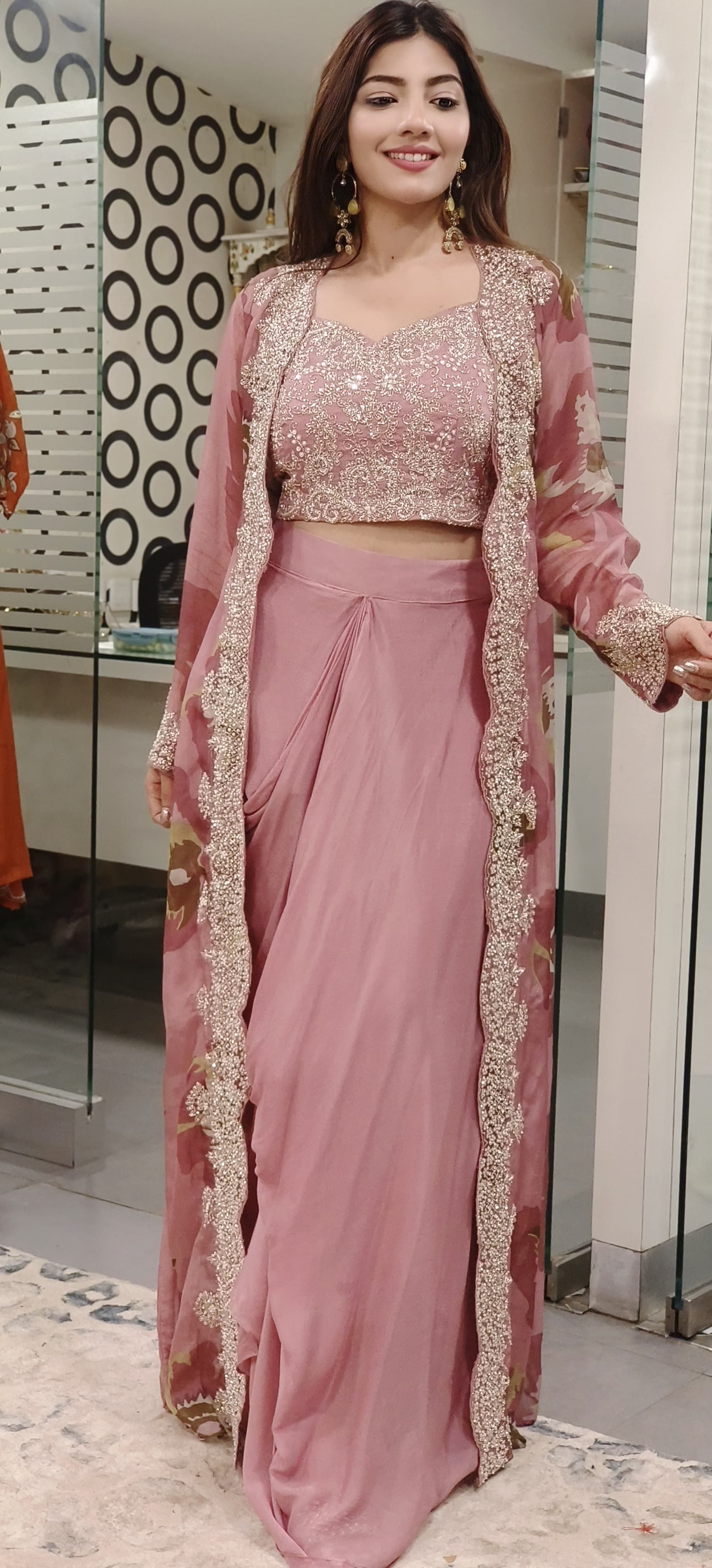 Elegant Pastel Handwork Ensemble Crop Top,Chinon Skirt & Floral Organza Shrug- 09853