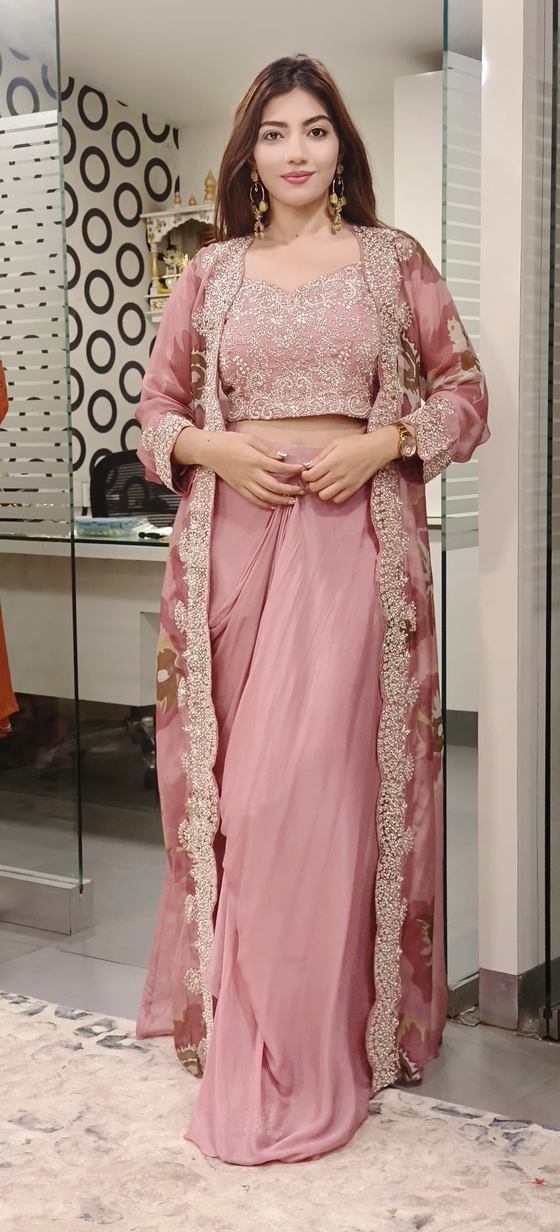 Elegant Pastel Handwork Ensemble Crop Top,Chinon Skirt & Floral Organza Shrug- 09853