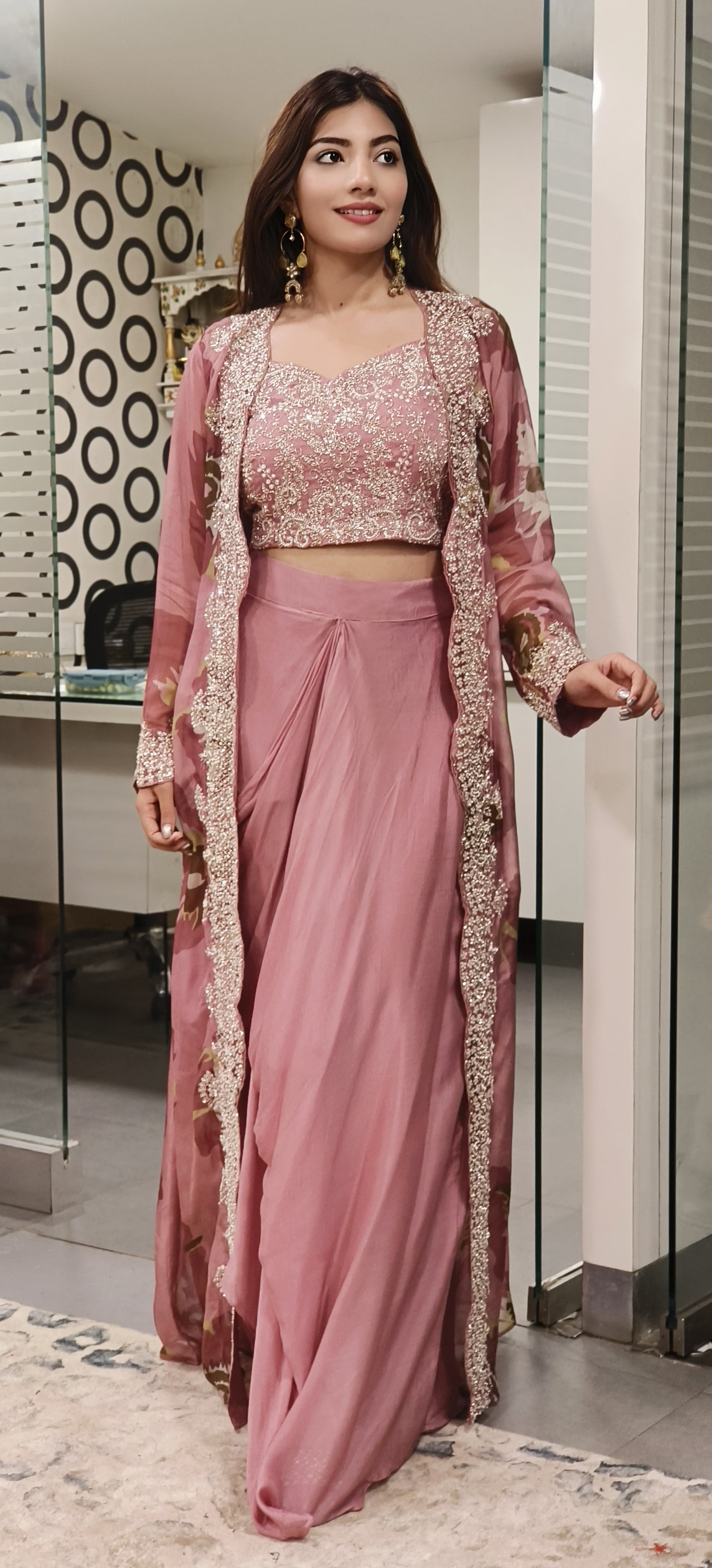 Elegant Pastel Handwork Ensemble Crop Top,Chinon Skirt & Floral Organza Shrug- 09853