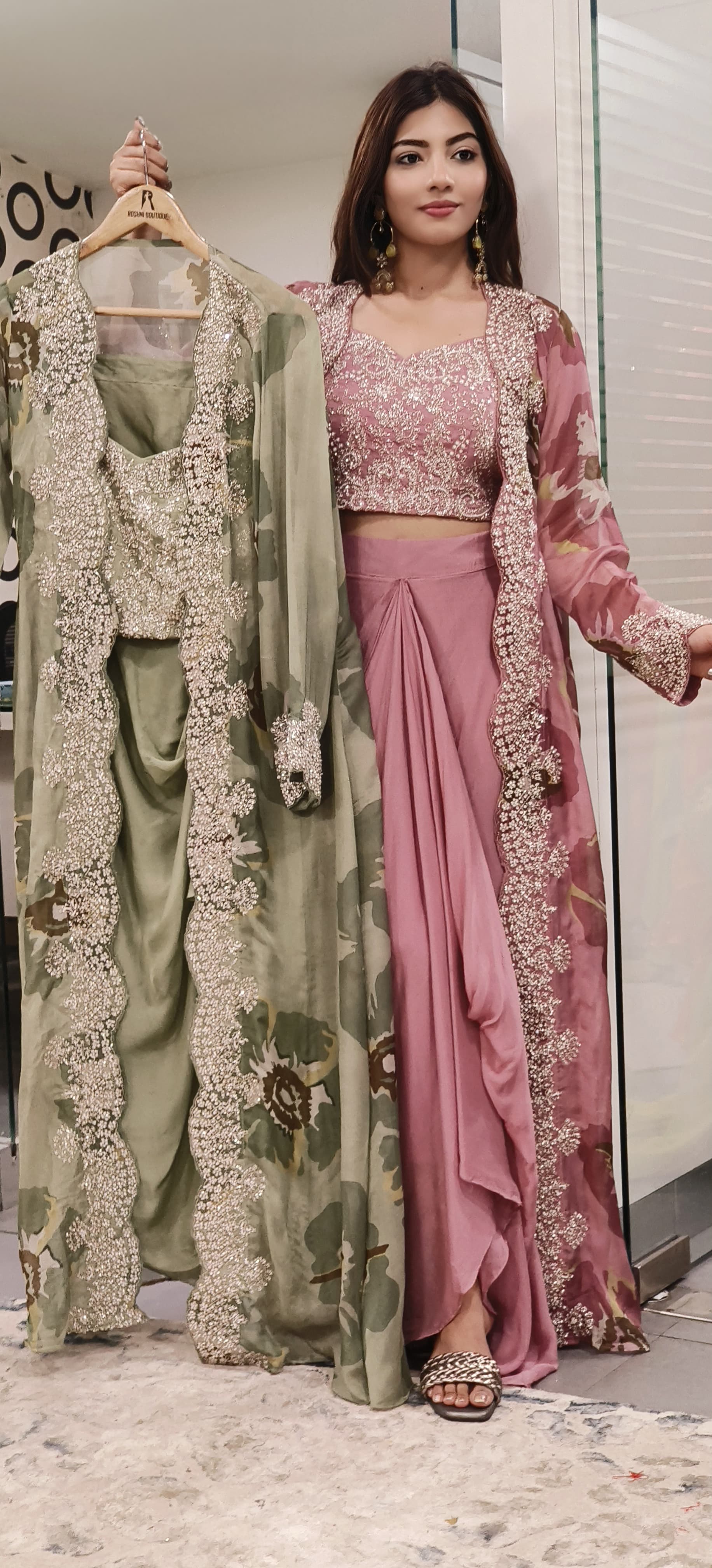 Elegant Pastel Handwork Ensemble Crop Top,Chinon Skirt & Floral Organza Shrug- 09853