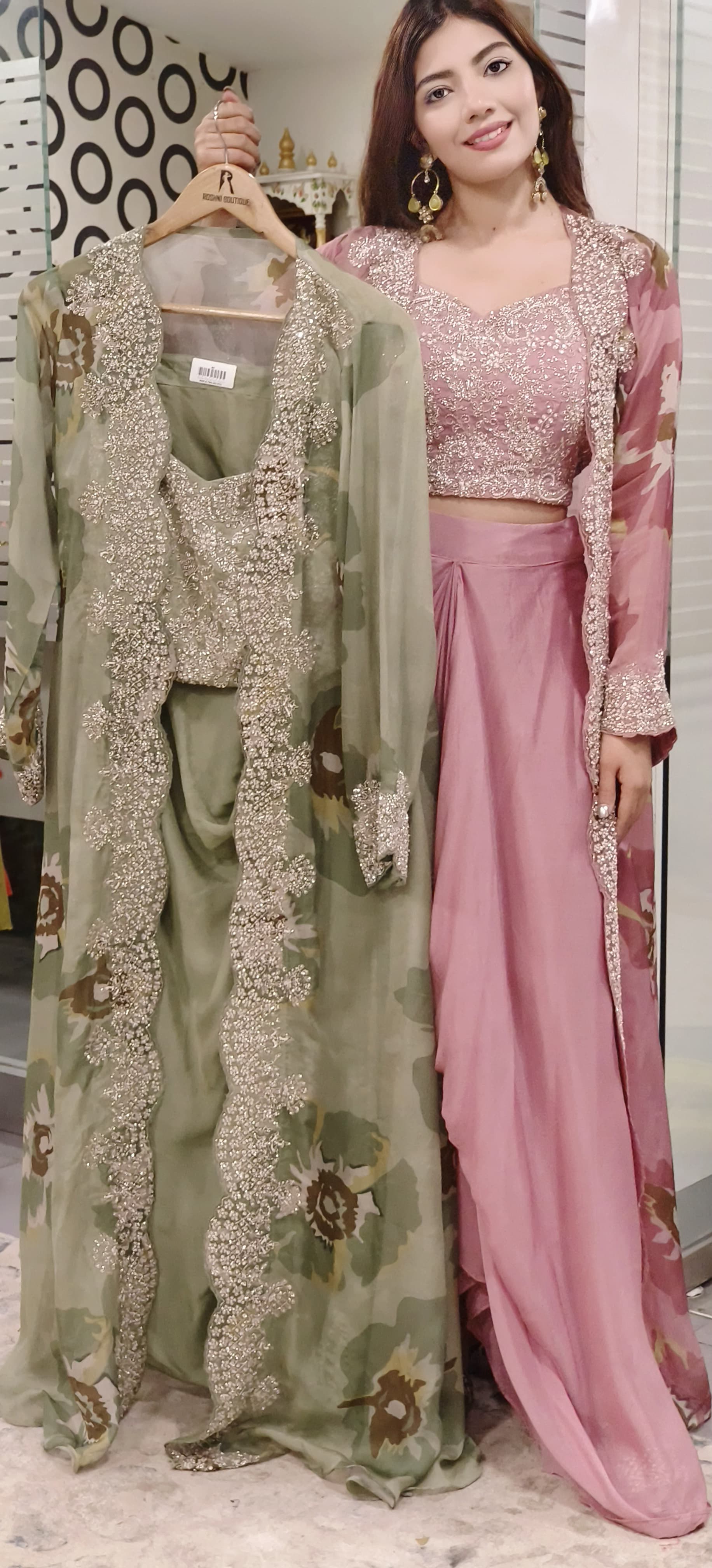 Elegant Pastel Handwork Ensemble Crop Top,Chinon Skirt & Floral Organza Shrug- 09853