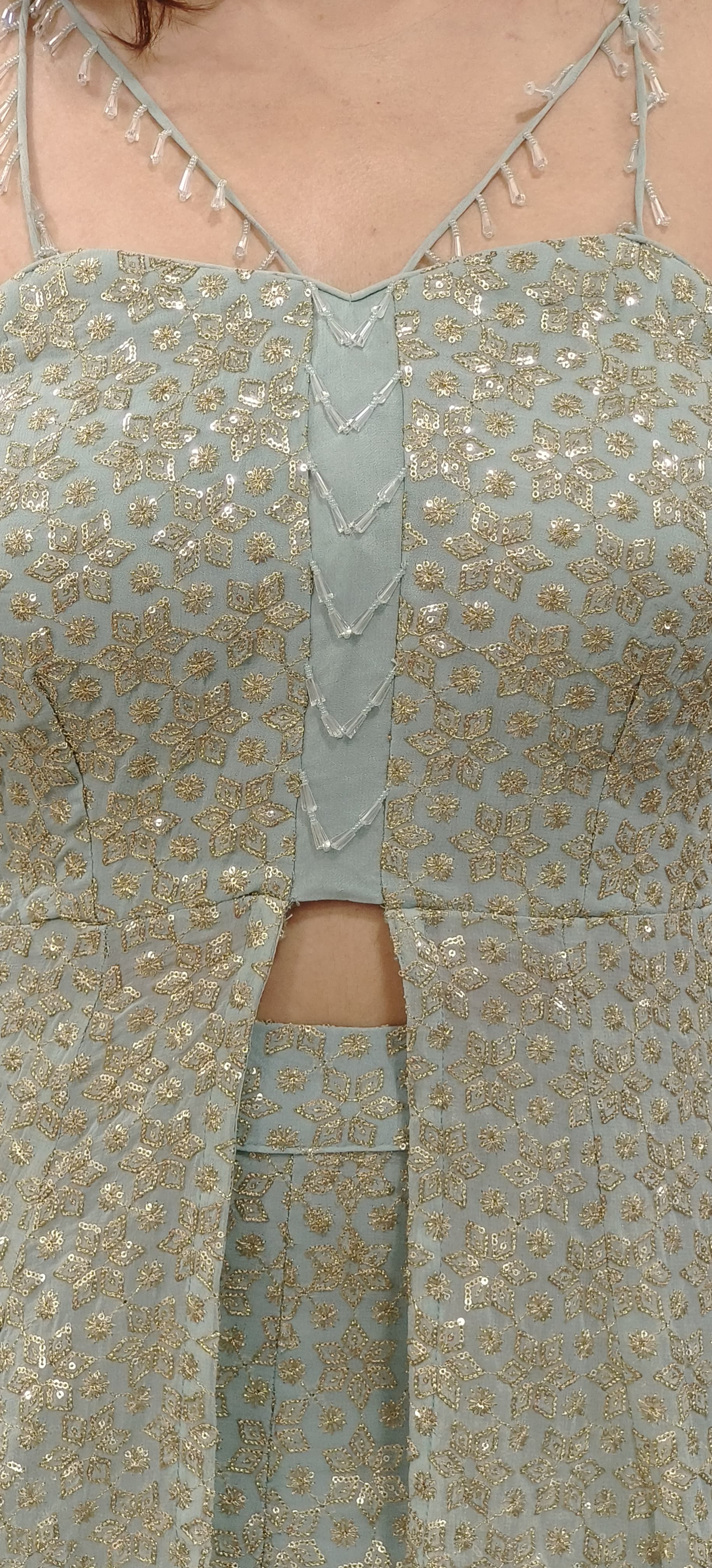 Exquisite Sequin Embellished Palazzo Set Featuring Spaghetti Crystal Strap Layered Kurti with Front Slit and Matching Dupatta- 09900 ON ORDERS (DRY WASH ONLY)