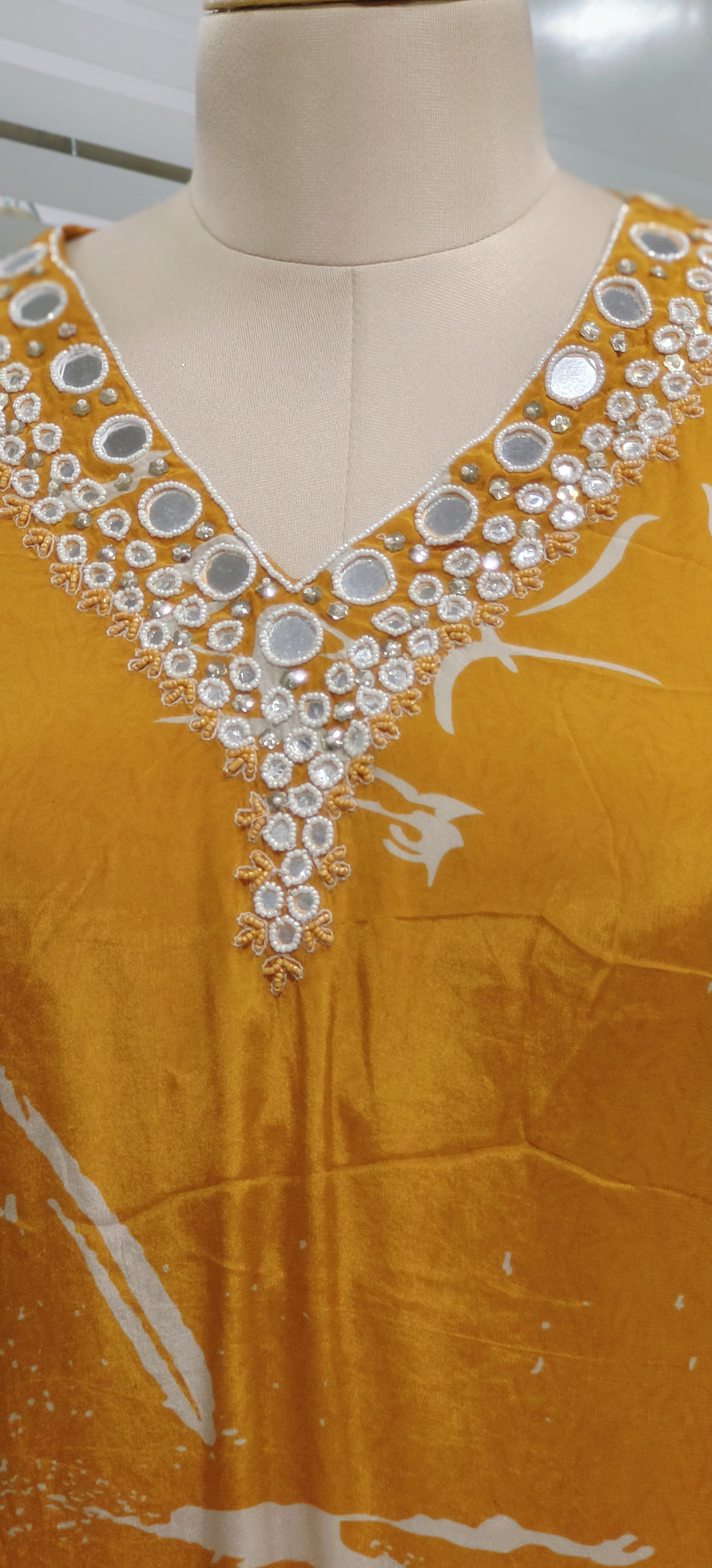 Real Mirror Embroidered Crepe Kaftan With Beautiful Print & Neck Work With Bottom