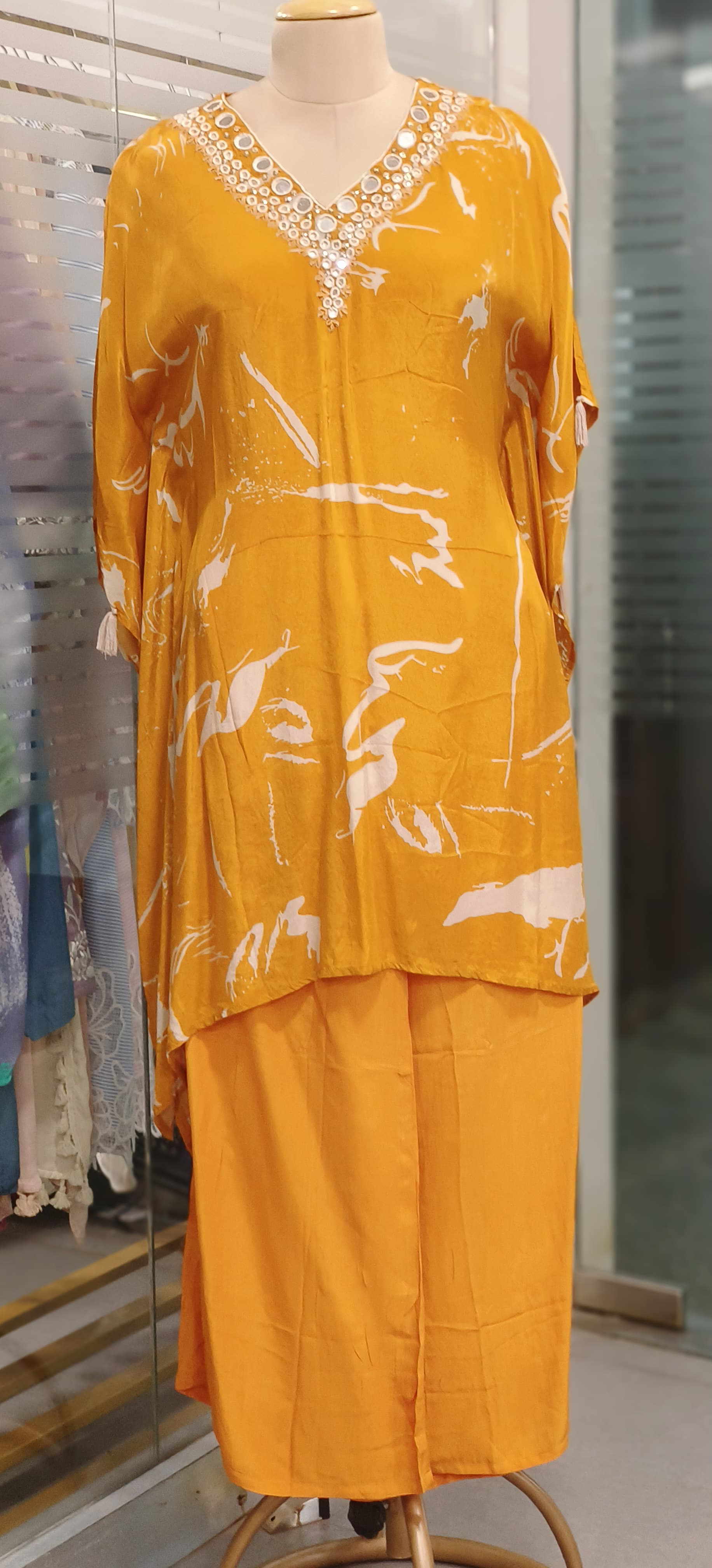 Real Mirror Embroidered Crepe Kaftan With Beautiful Print & Neck Work With Bottom