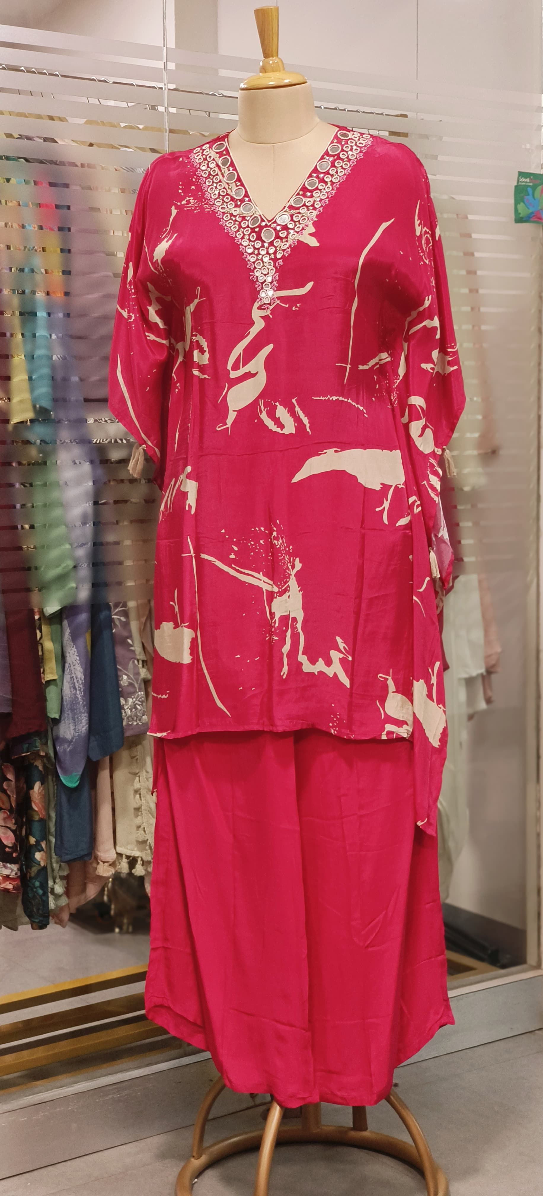 Real Mirror Embroidered Crepe Kaftan With Beautiful Print & Neck Work With Bottom