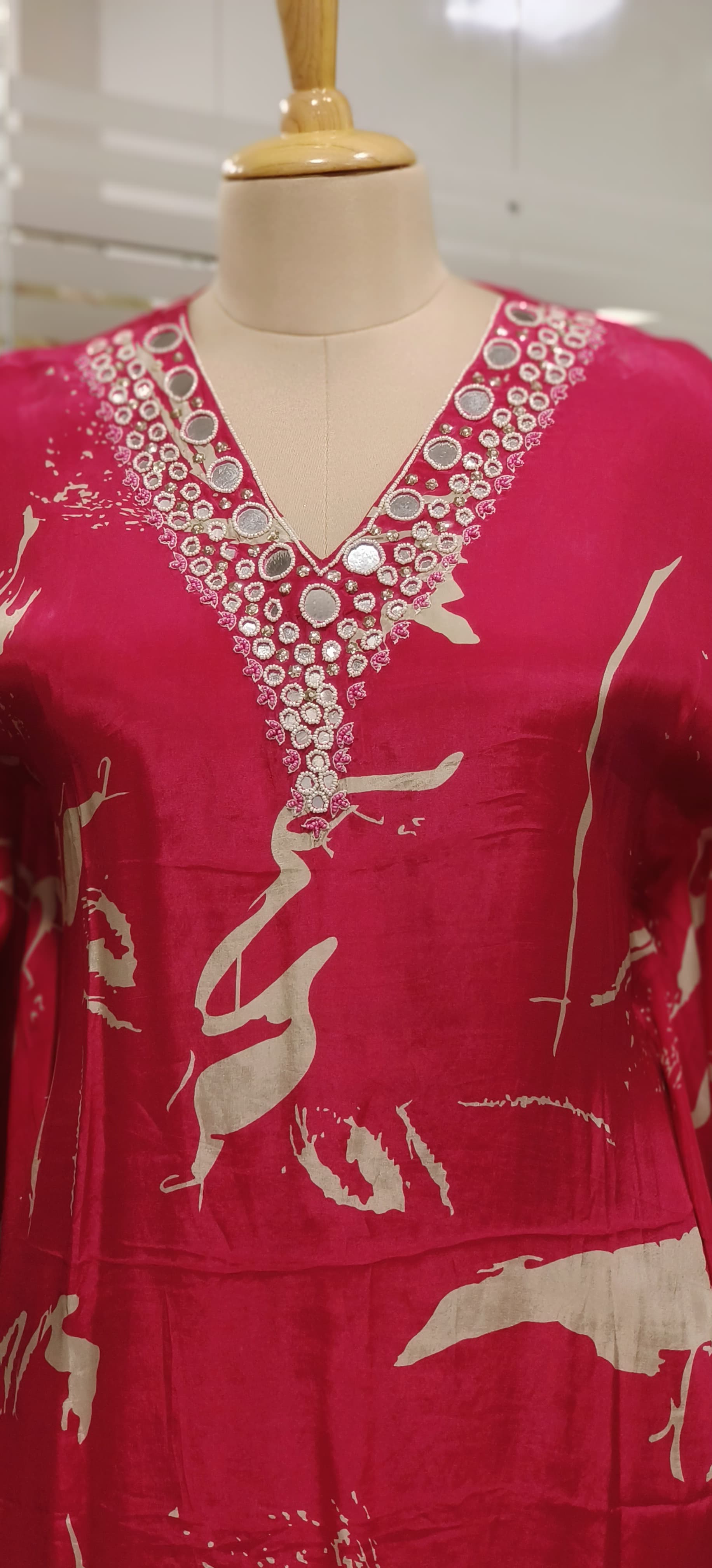 Real Mirror Embroidered Crepe Kaftan With Beautiful Print & Neck Work With Bottom