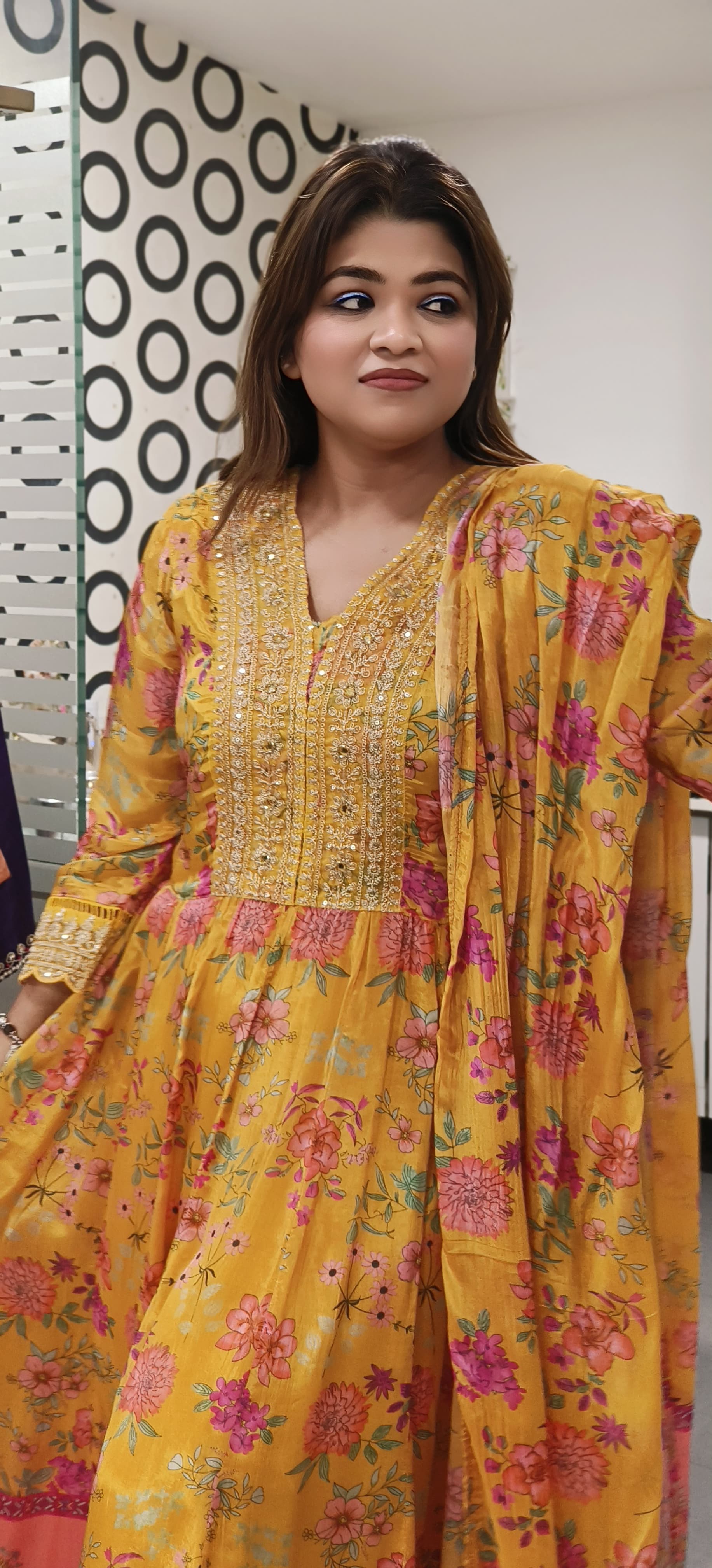 Floral Print Front Work Muslin Anarkali Full Suit With Dupatta