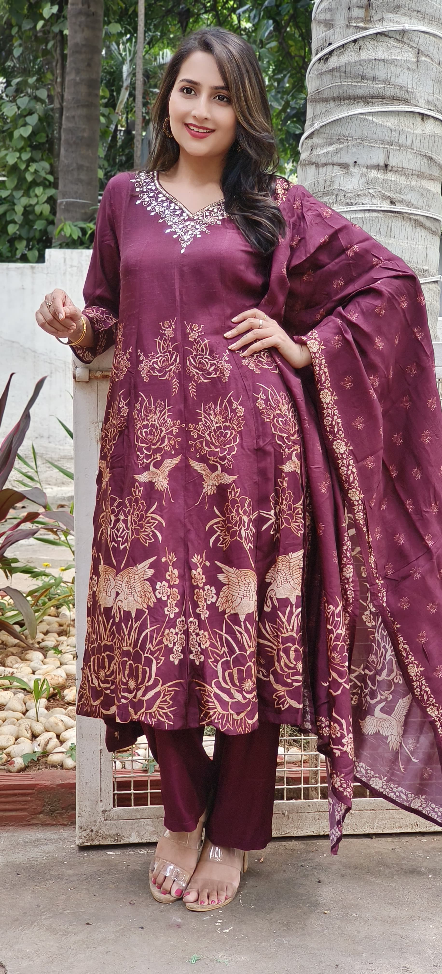 Foil mirror Work With Floral & Swan Print Anarkali Full Suit