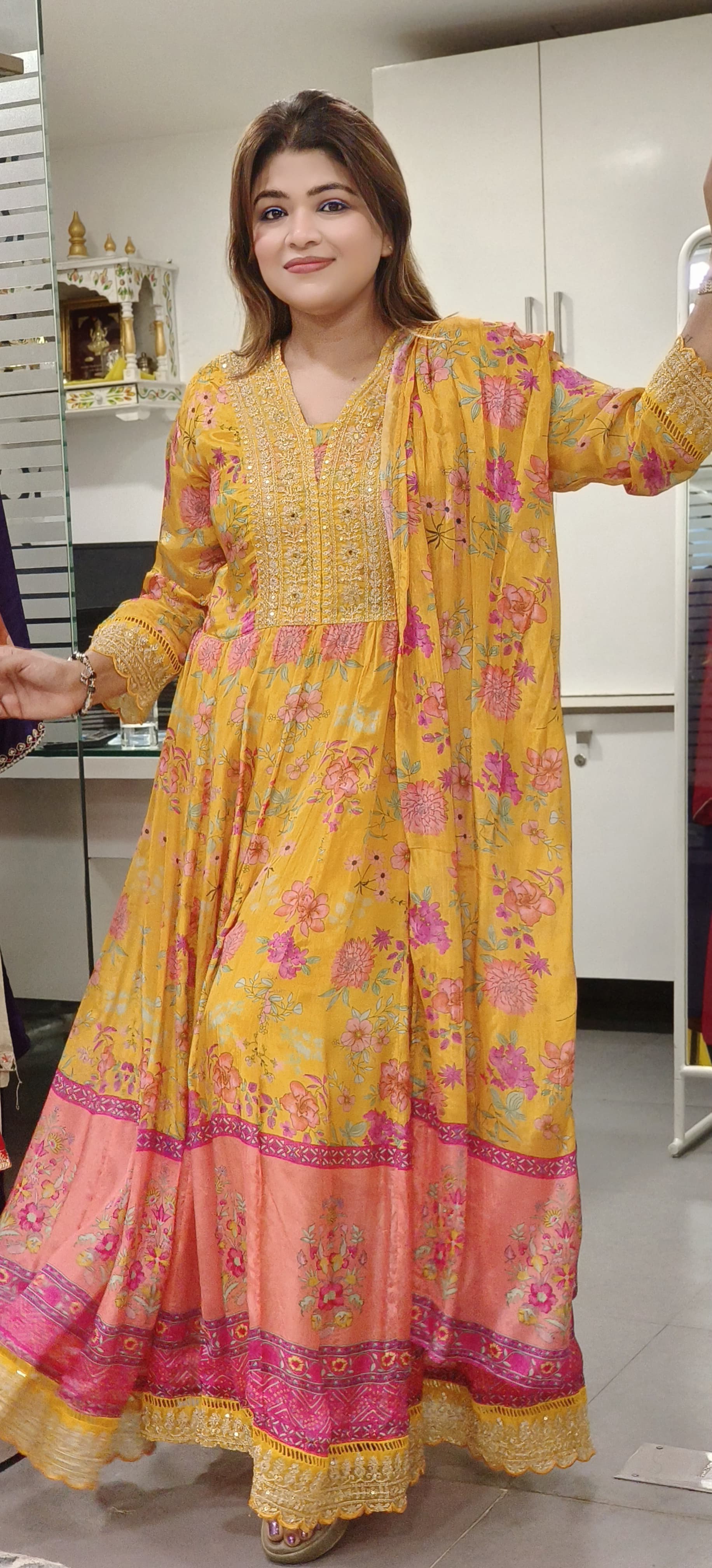 Floral Print Front Work Muslin Anarkali Full Suit With Dupatta