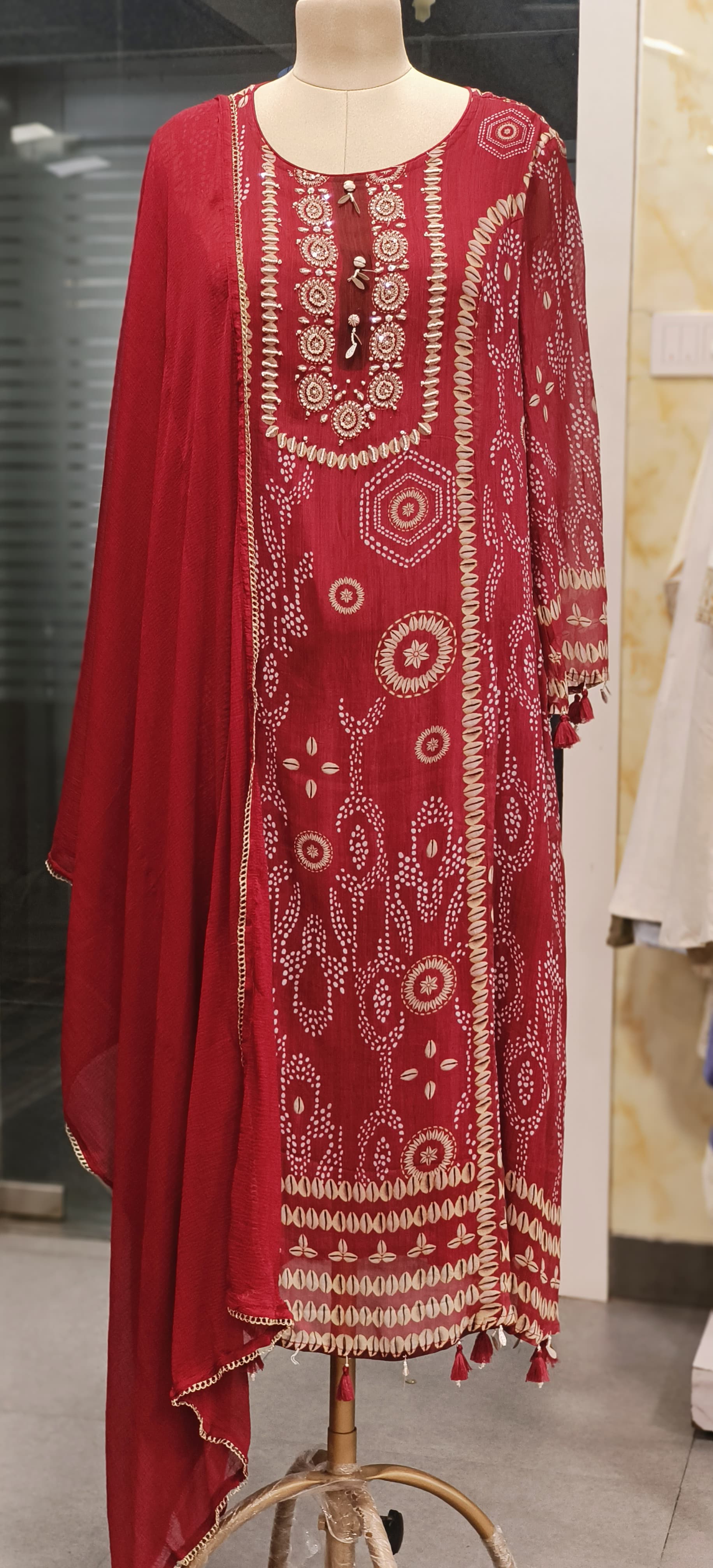 Tiny Pearl & Shell Work Anarkali Full Suit With Dupatta