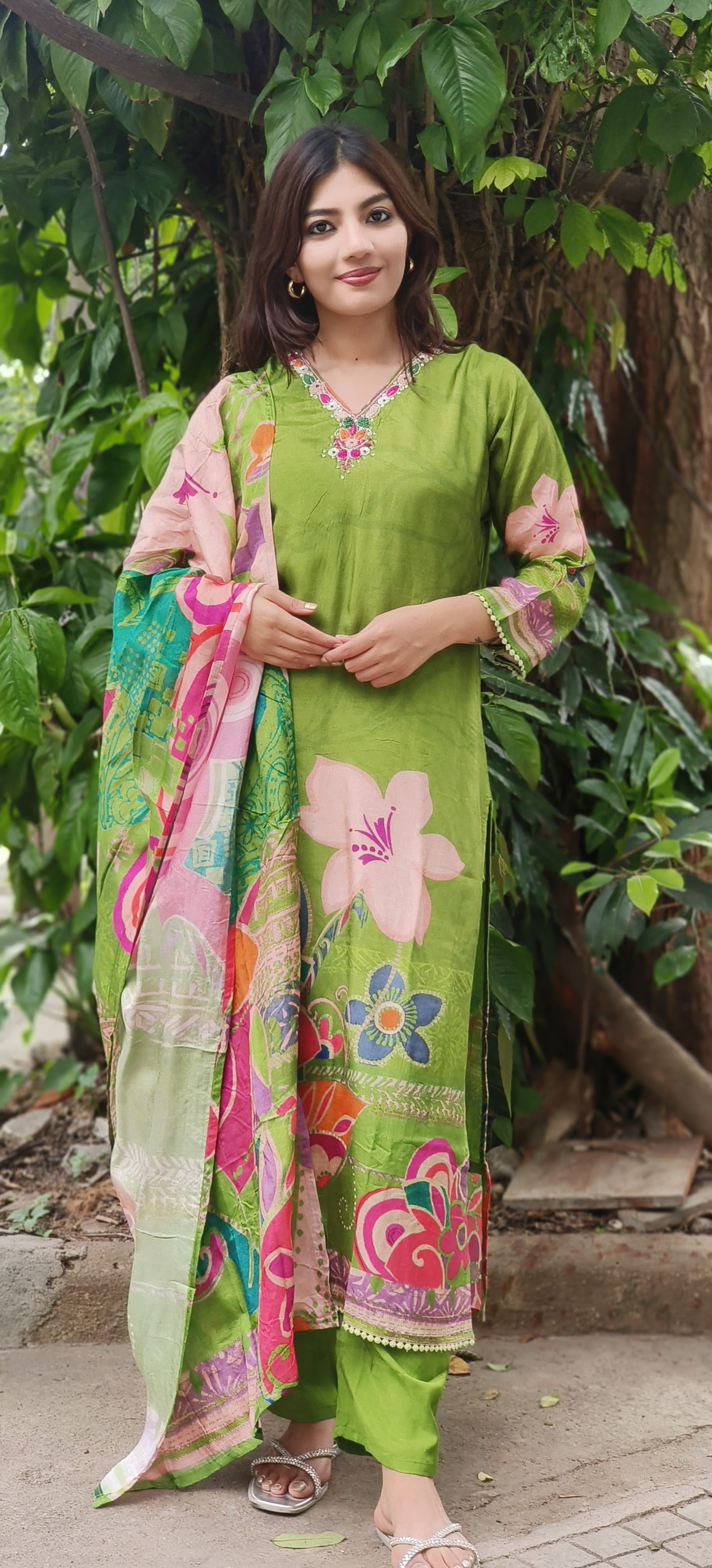 Digital Floral Print Kurta Pant With Dupatta In Dola Silk Fabric