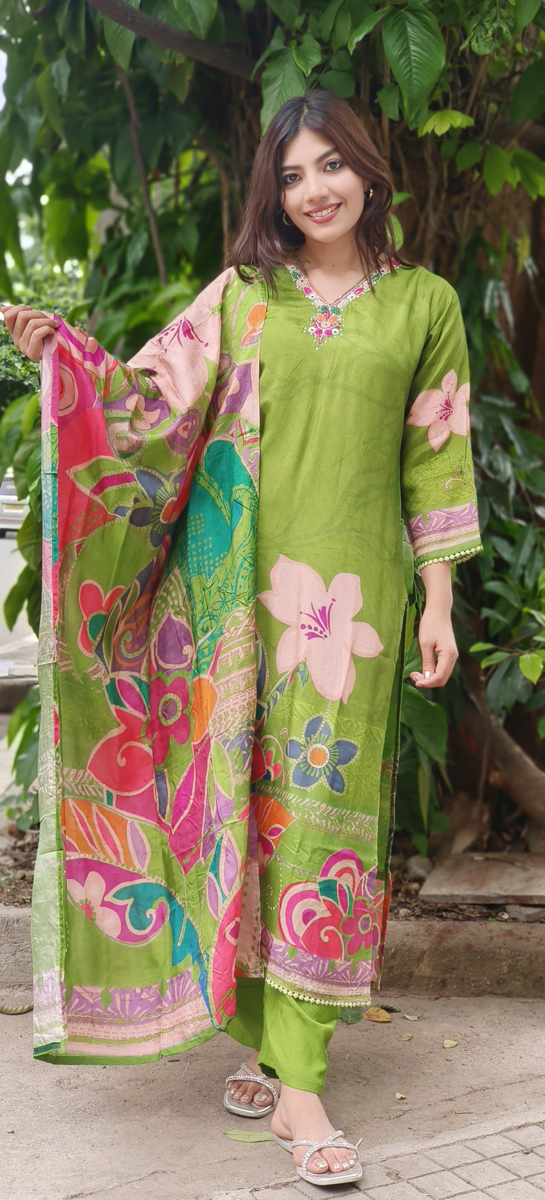 Digital Floral Print Kurta Pant With Dupatta In Dola Silk Fabric