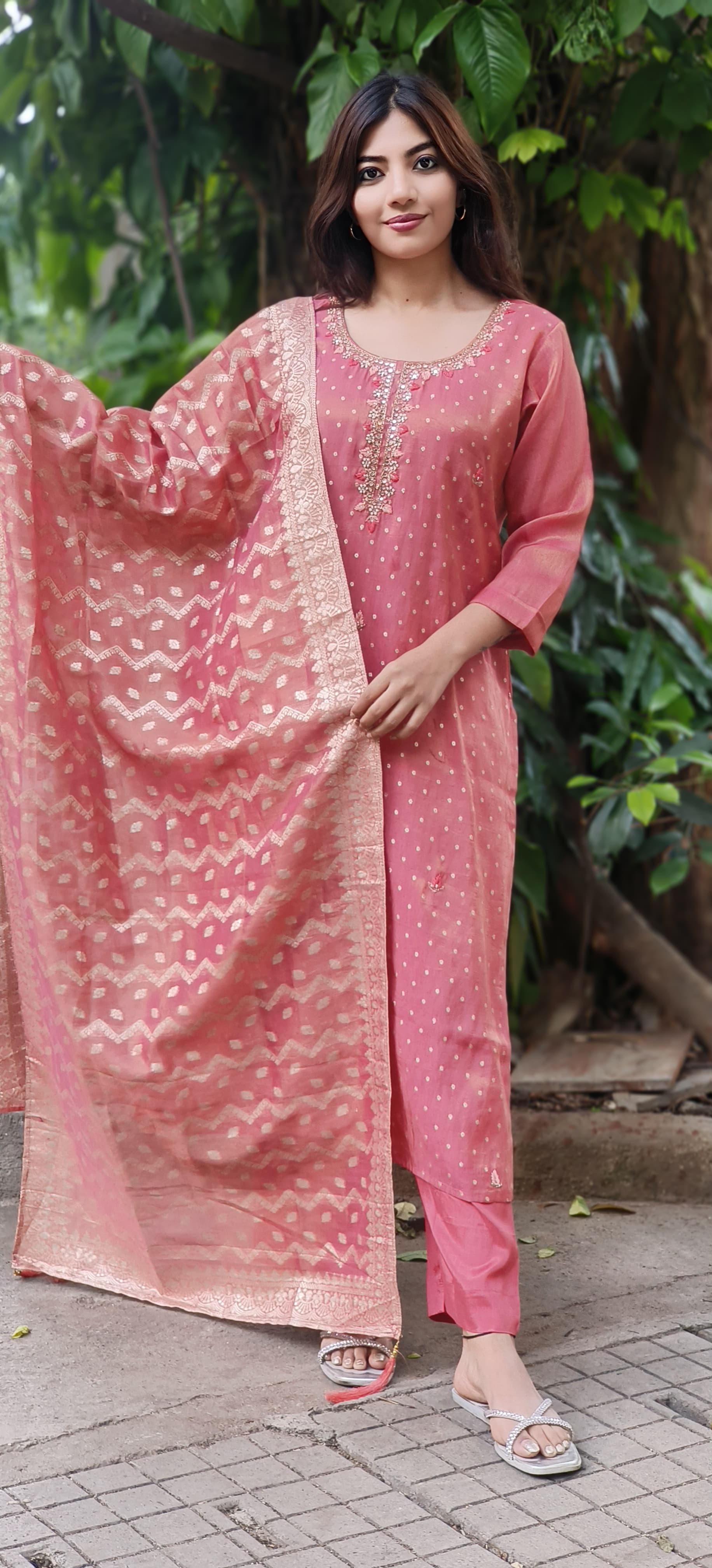 Mirror & Pearl Work Banarasi Silk Bandhani Print Kurta With Taffeta Bottom & Dupatta (DISPATCHING WILL BE DEALYED BY A WEEK)