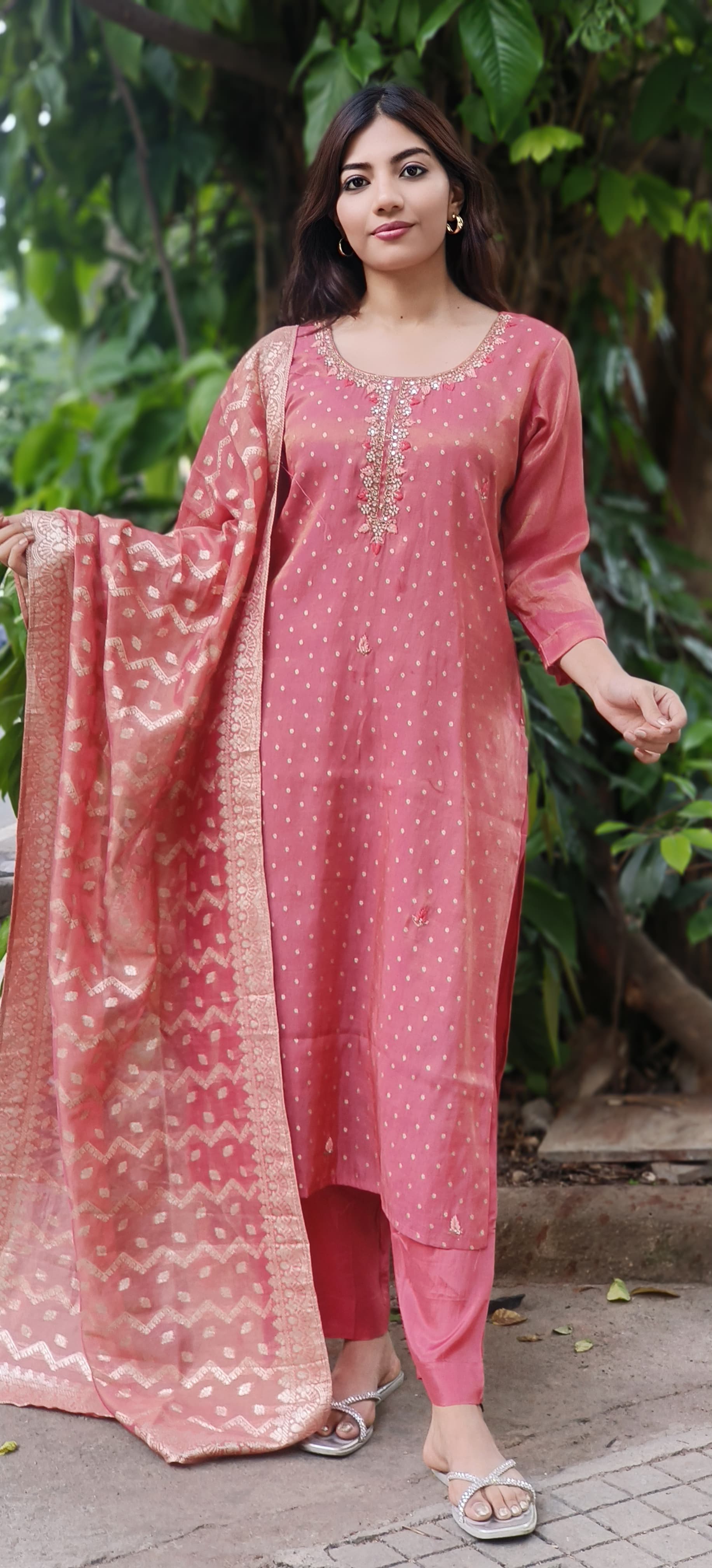 Mirror & Pearl Work Banarasi Silk Bandhani Print Kurta With Taffeta Bottom & Dupatta (DISPATCHING WILL BE DEALYED BY A WEEK)
