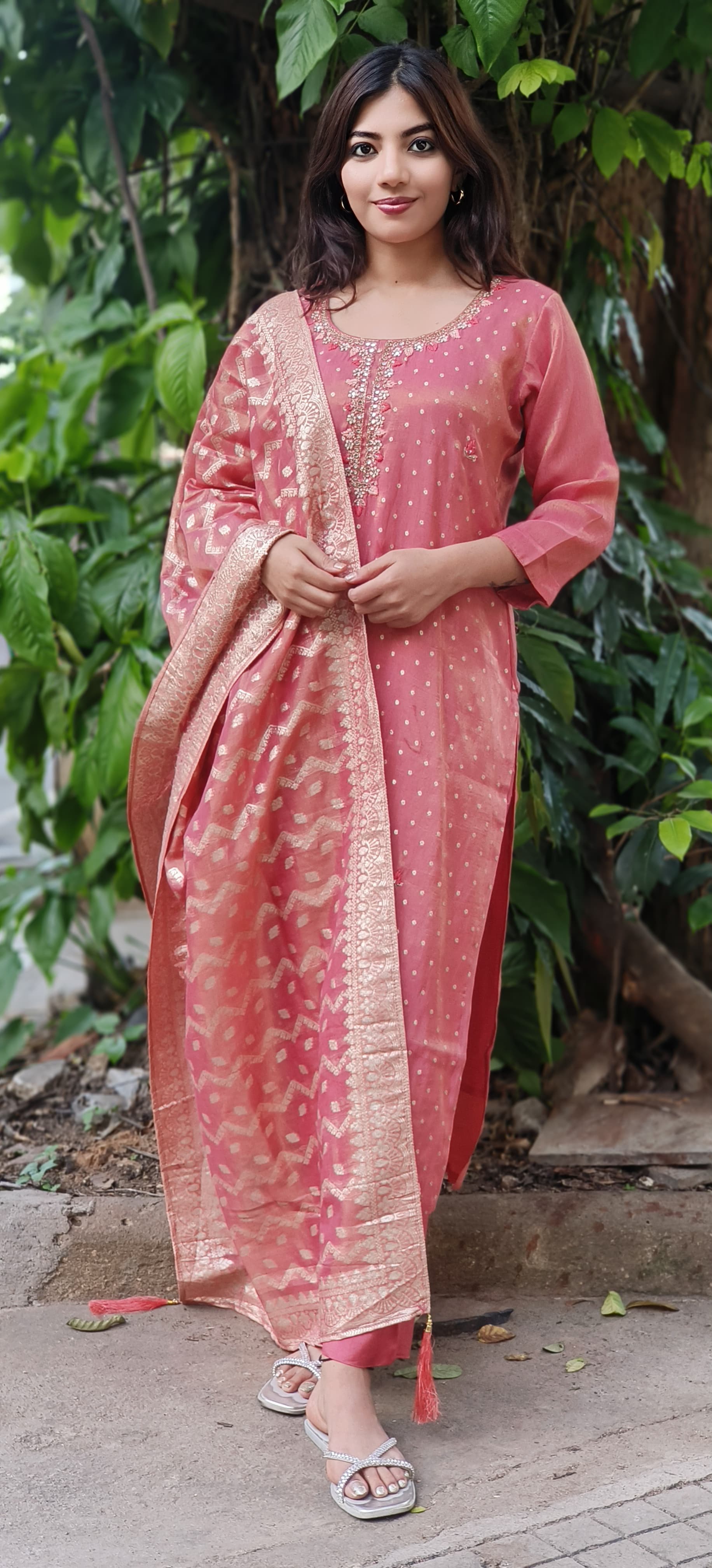 Mirror & Pearl Work Banarasi Silk Bandhani Print Kurta With Taffeta Bottom & Dupatta (DISPATCHING WILL BE DEALYED BY A WEEK)