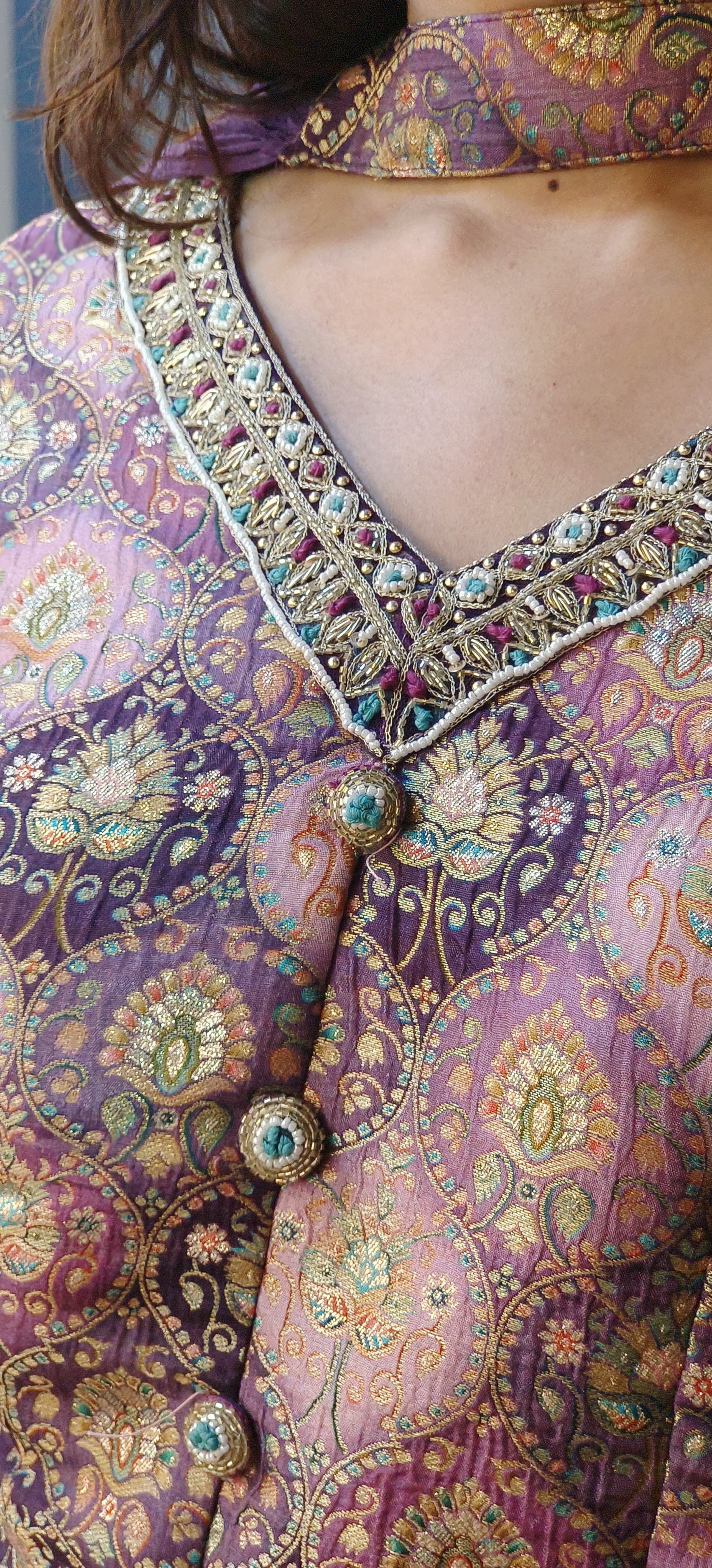 Brocade V-Neck Short Kurta With Chinon Palazzo Pant & Dupatta