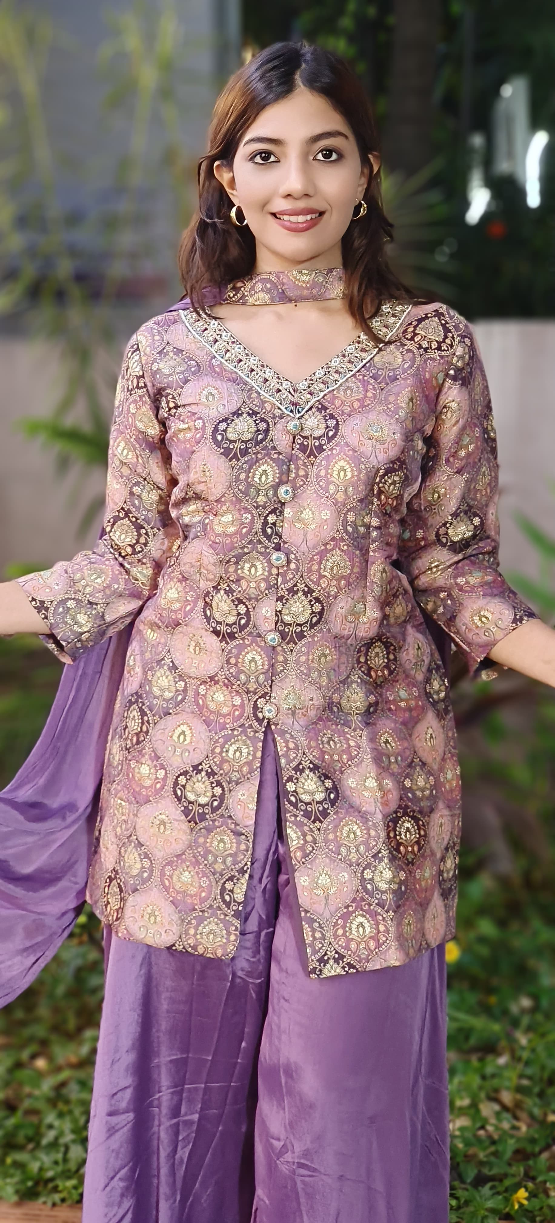 Brocade V-Neck Short Kurta With Chinon Palazzo Pant & Dupatta